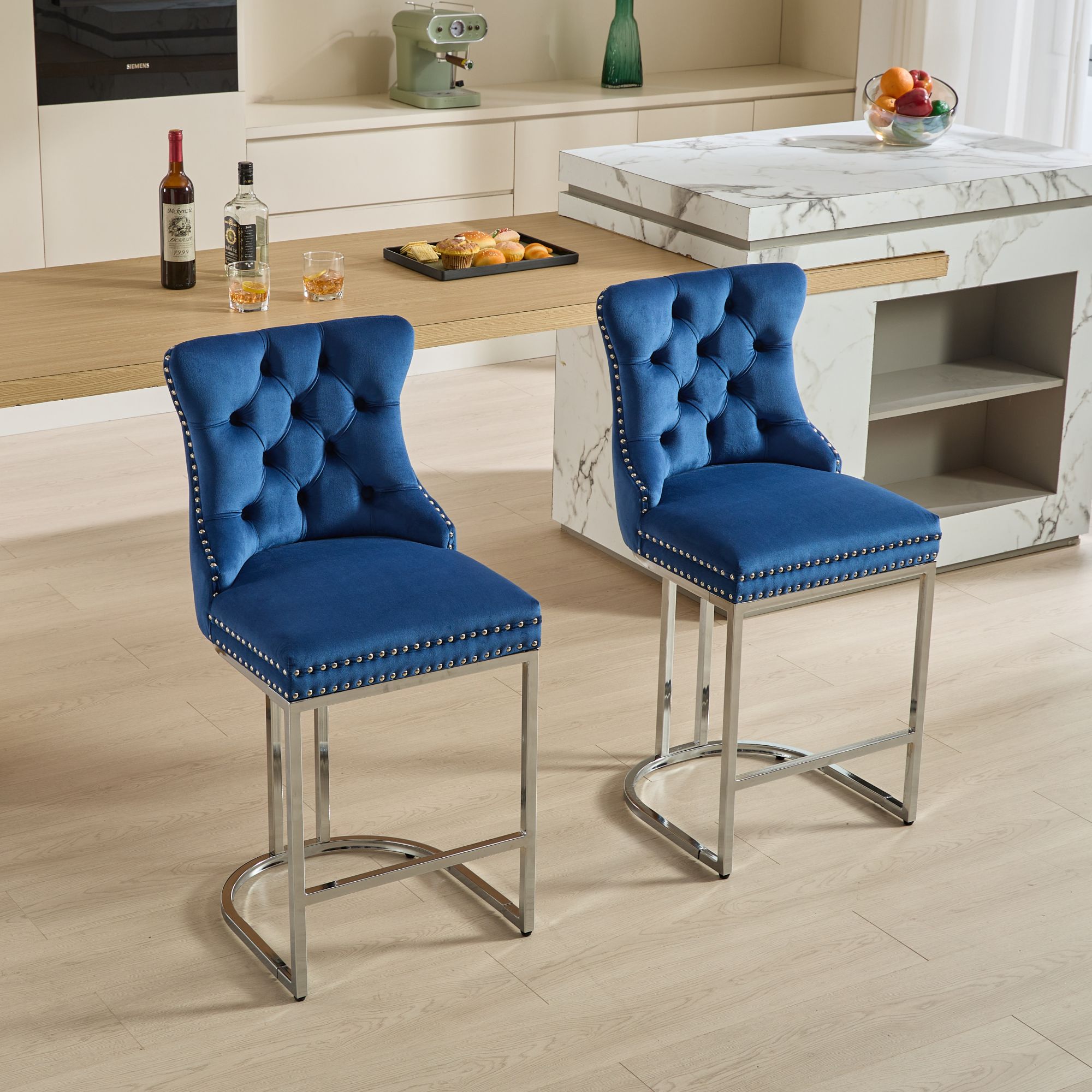 25 Counter Height Bar Stools Set Of 2, Modern Velvet Barstools With Button Back&Rivet Trim Upholstered Kitchen Island Chairs With Sturdy Chromed Metal Base Legs Farmhouse Bar Stools, Blue,2 Pack - Image 1