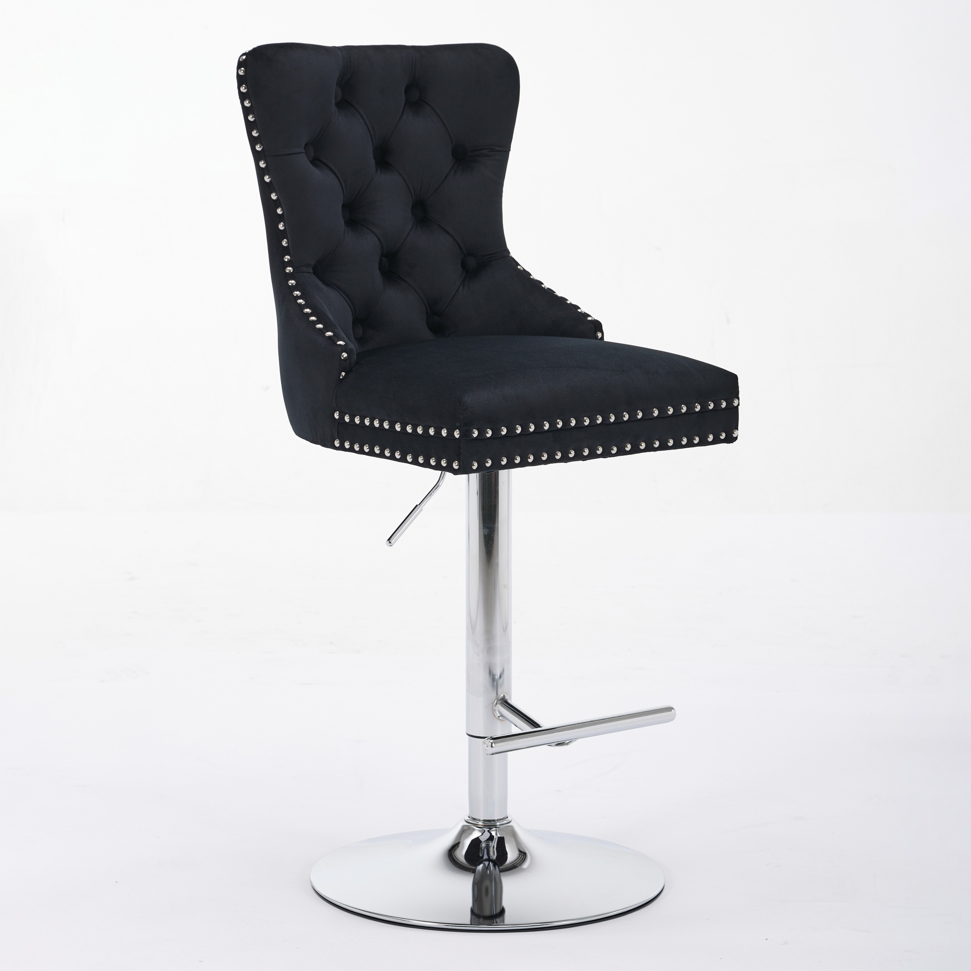 Thick Chrome Swivel Velvet Barstools,Adjustable 25-33 Height,Modern Upholstered With17.7 Base,Tufted Buttons&Diamond Pleating,Sponge&Spring Seat,for Home Pub&Kitchen Island Black, Set Of 2