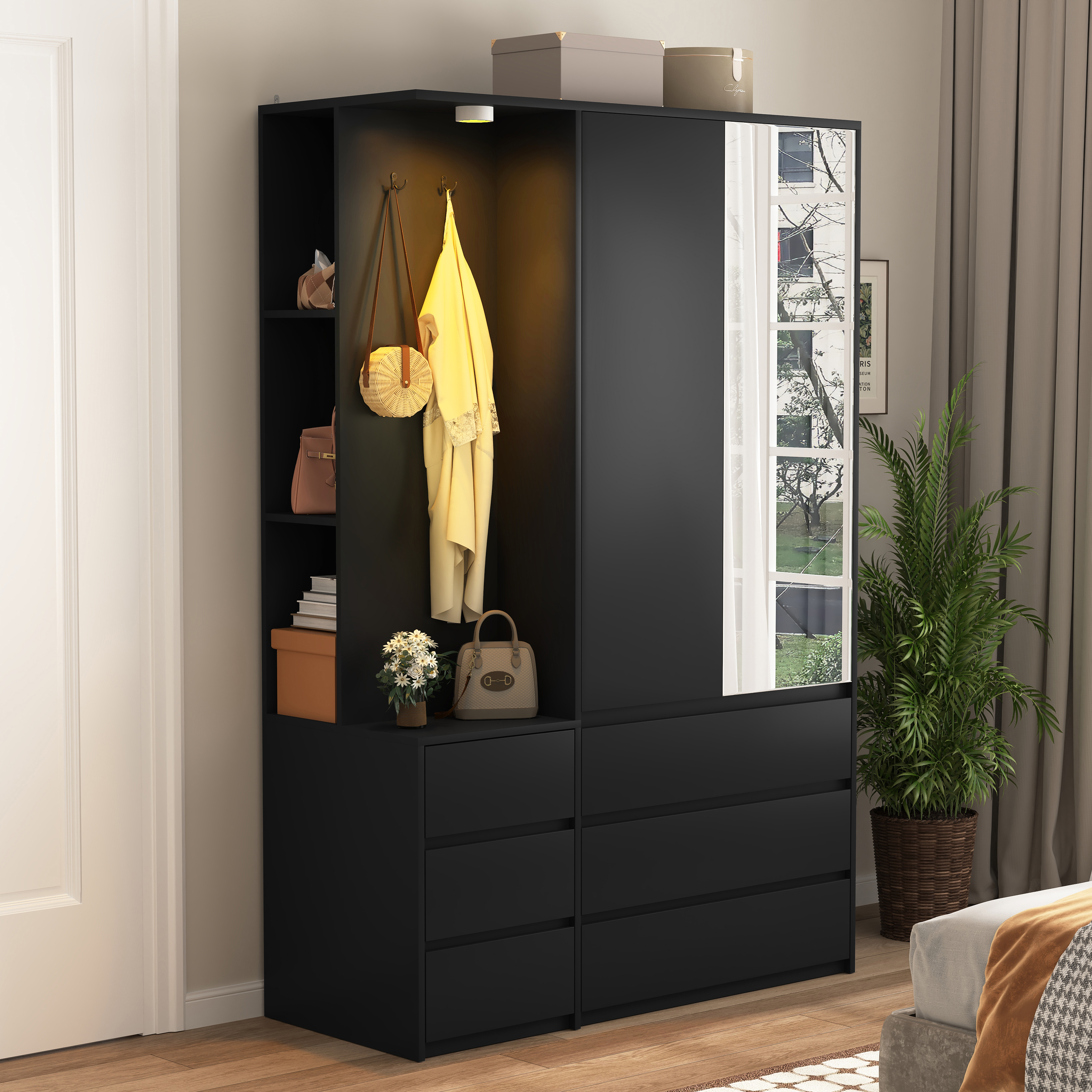 Wardrobe Closet 71.7 H, Bedroom Wooden Wardrobe With 2 Doors 6 Drawers, Modern Clothing Storage Cabinet Combination With Storage Shelves And Hanging Rail, Black - Image 1