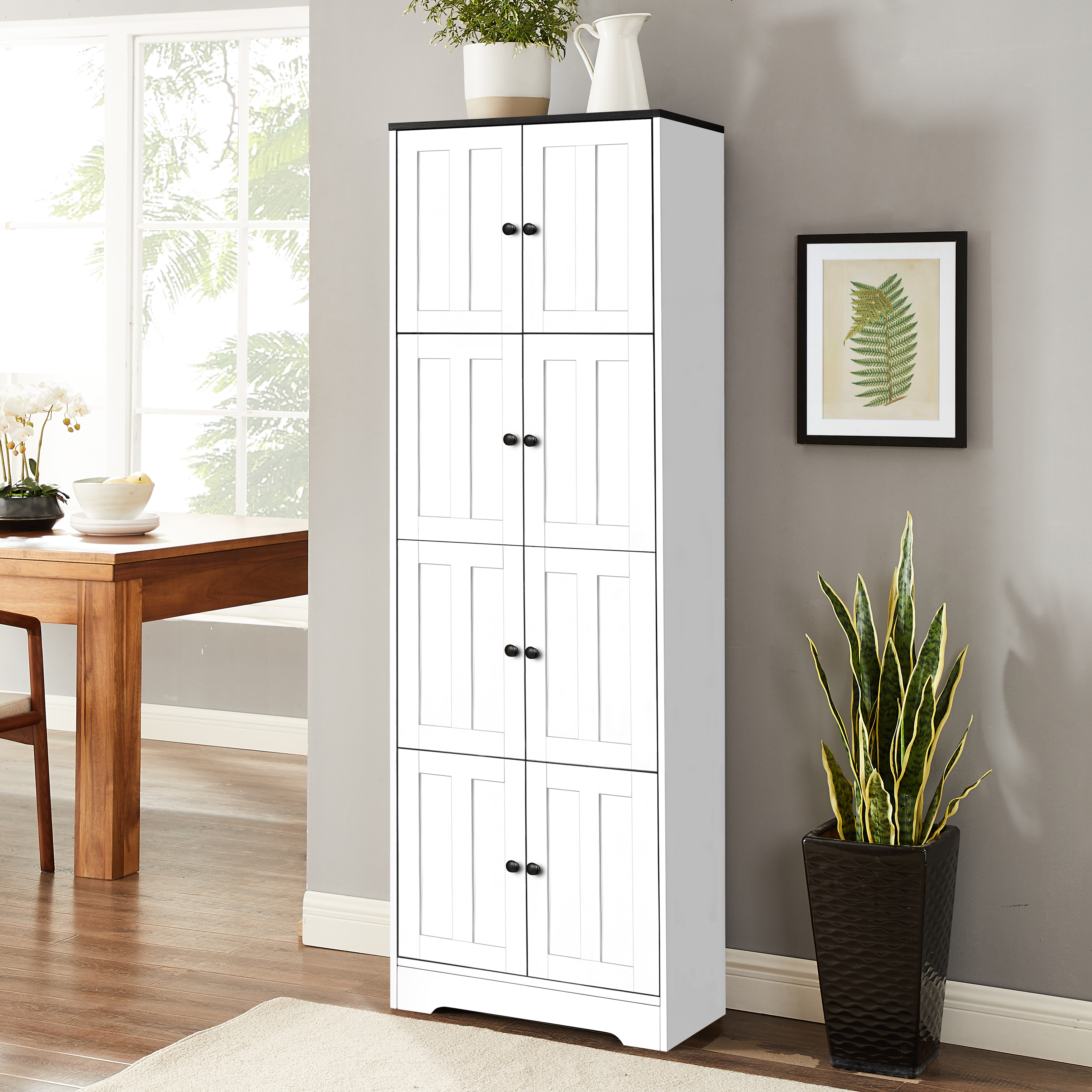 Tall Storage Cabinet With 8 Doors And 4 Shelves, Wall Storage Cabinet For Living Room, Kitchen, Office, Bedroom, Bathroom, White