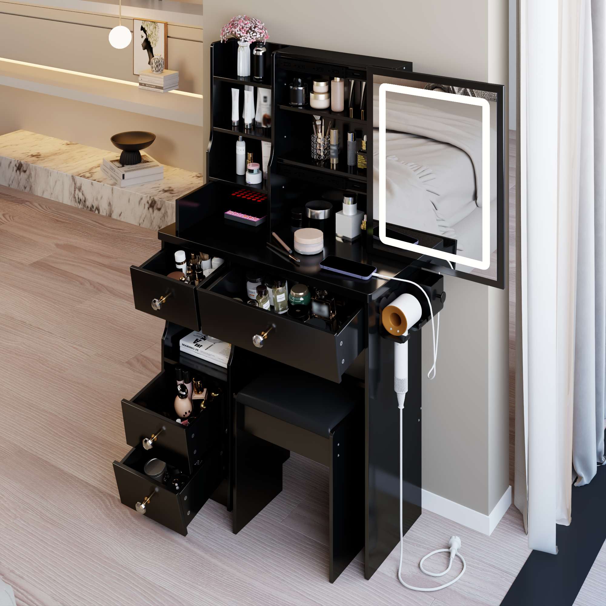 29.2 Small Size Drawer Desktop Vanity Table  Cushioned Stool, 2 AC-2 USB Power Station, Hair Dryer Bracket, Extra Large Touch Control Sliding LED Mirror, 3-color Switching, EPA, GCC, UL Certificate