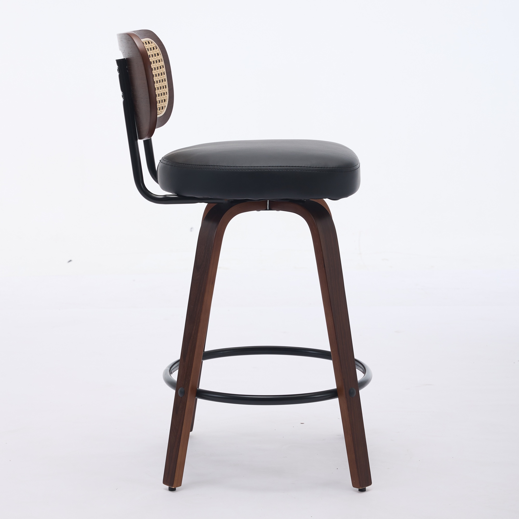 Set Of 3 Counter Height Bar Stools - 26 Inch Rattan Counter Height Stools With Cane Back, Upholstered Seat, Walnut Craftsmanship, Swivel Counter Stools For Island Kitchen Counter Bar Walnut Black
