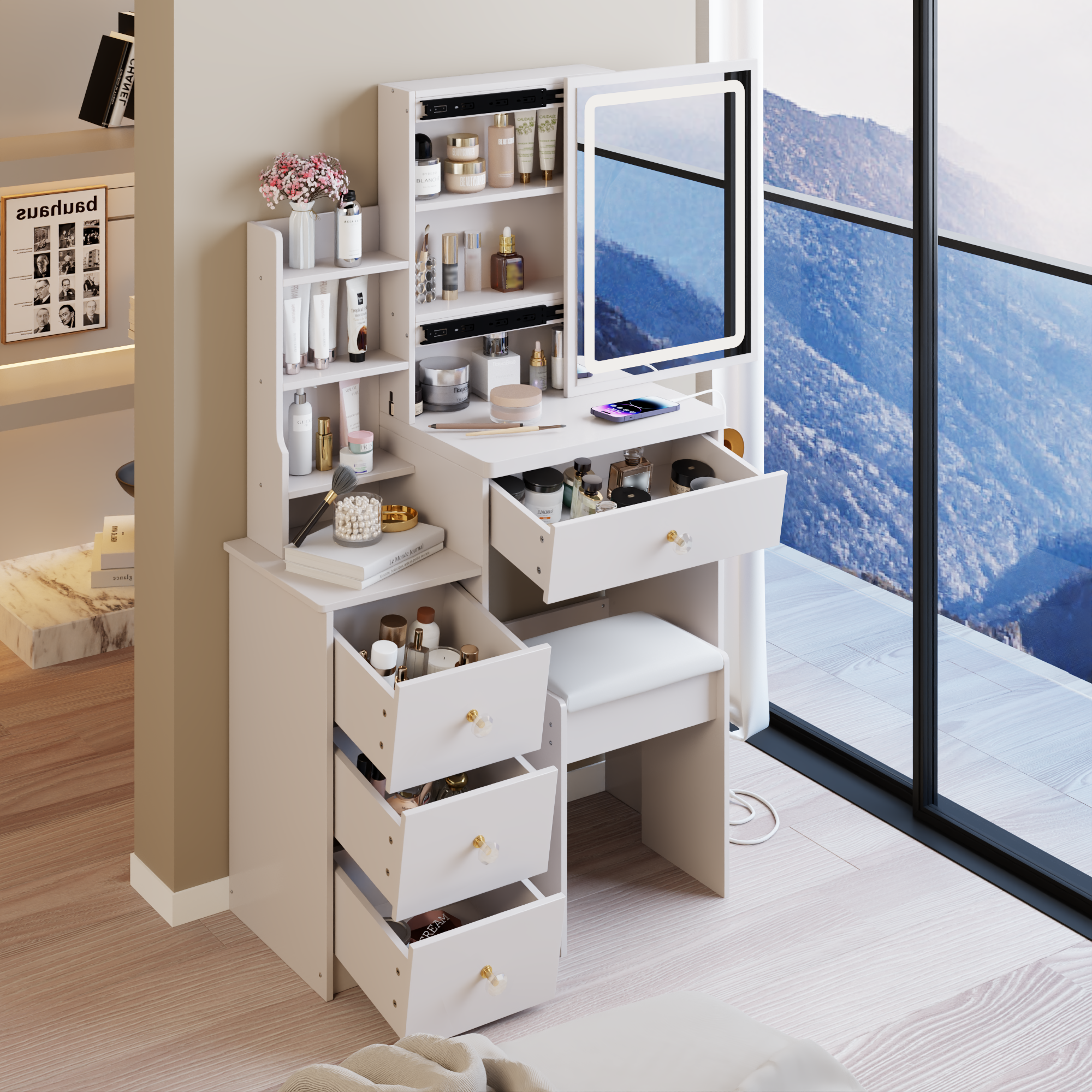 29.2 Small Size Bedside Cabinet Vanity Table  Cushioned Stool, 2 AC 2 USB Power Station, Hair Dryer Bracket, Extra Large Touch Control Sliding LED Mirror, 3-color Switching, EPA, GCC, UL Certificate