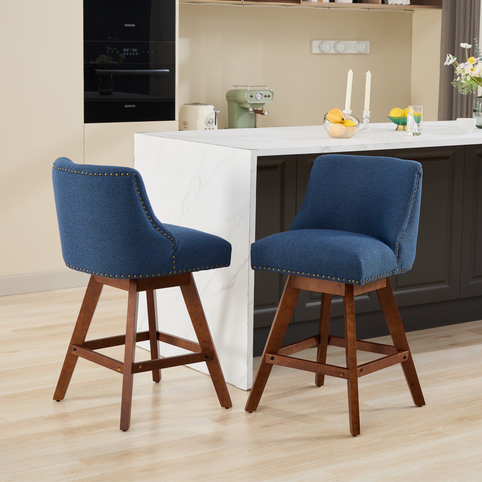Counter Height Swivel Barstools, 26'' H Seat Height Upholstered Bar Stools Set Of 2, Fabric In Blue - Image 1