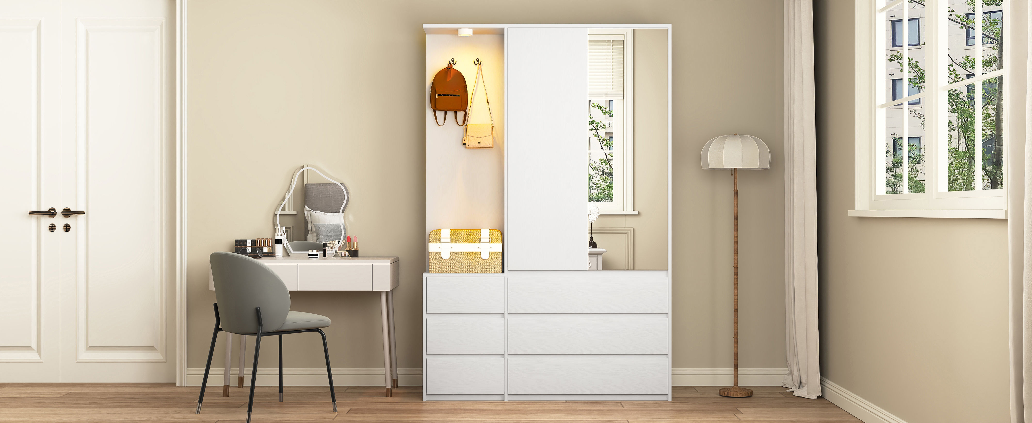 Wardrobe Closet 71.7 H, Bedroom Wooden Wardrobe With 2 Doors 6 Drawers, Modern Clothing Storage Cabinet Combination With Storage Shelves And Hanging Rail, White