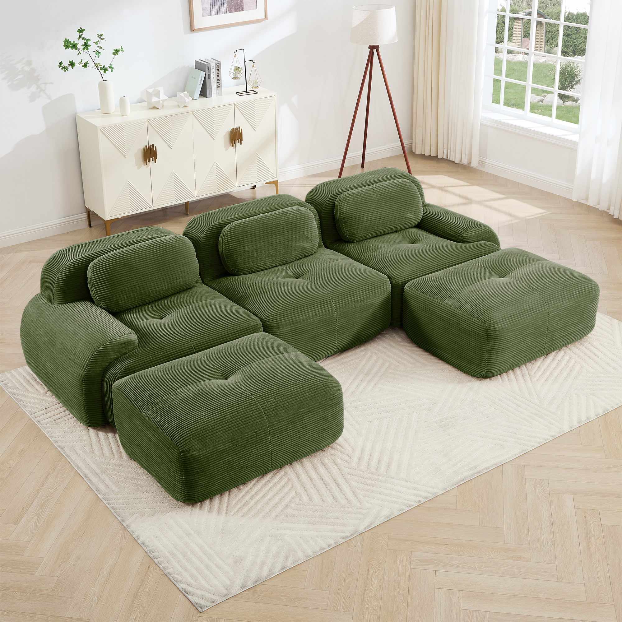 U-shaped Modular Sofa PremiumCorduroy Fabric Fabric No Assembly Anti-slip Design Pet-friendly Extra-wide Curved Armrests 32D High-resilience Sponge For Living Rooms Bedrooms Studie,Olive Green