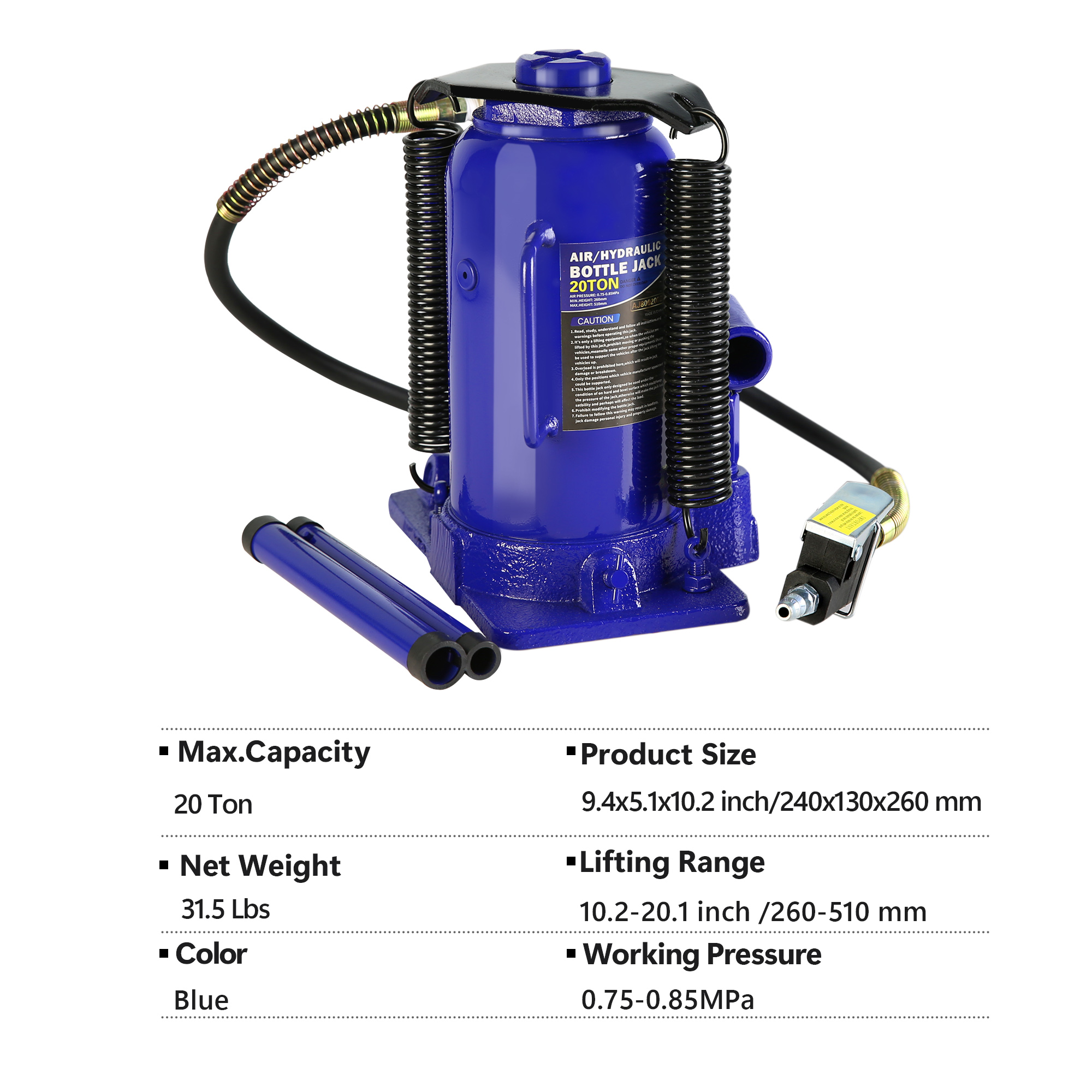 Heavy-duty CYDD dual-pump bottle jack rated 20 tons lifting a commercial truck frame