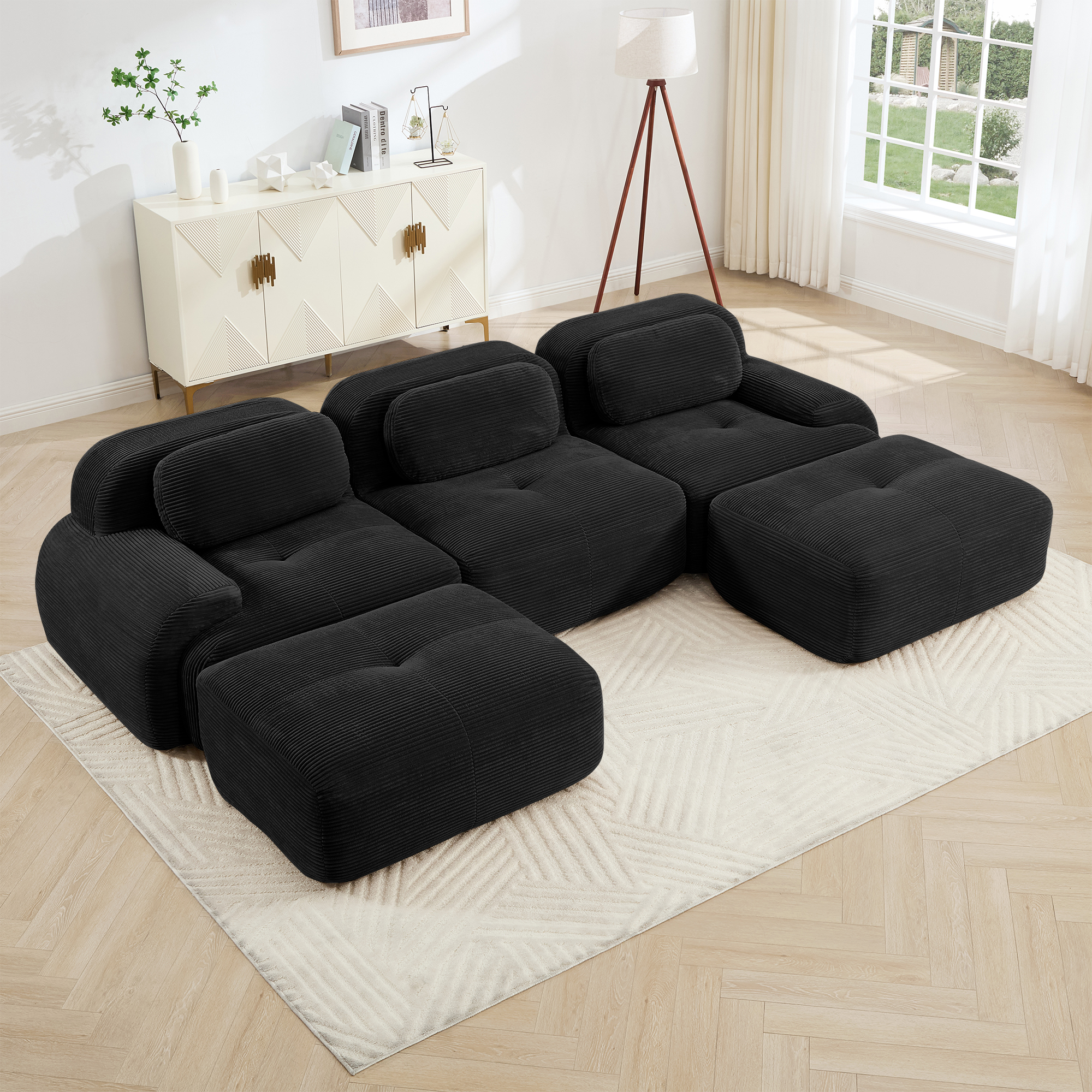 U-shaped Modular Sofa PremiumCorduroy Fabric Fabric No Assembly Anti-slip Design Pet-friendly Extra-wide Curved Armrests 32D High-resilience Sponge For Living Rooms Bedrooms Studie,Black