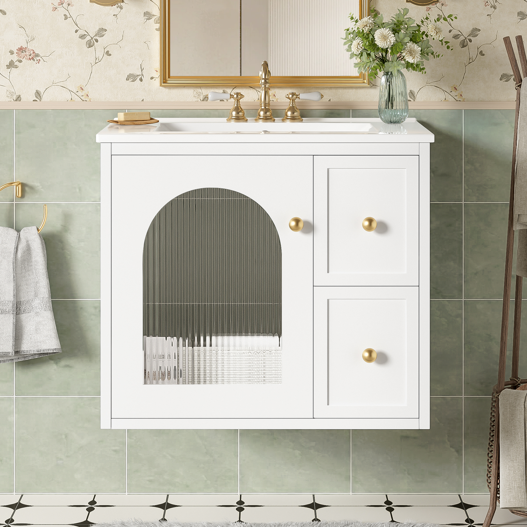 24 Bathroom Vanity Set Wall Mounted For Small Space, Bathroom Cabinet With Ceramic Sink, 2 Drawers And 1 Soft-Close Door