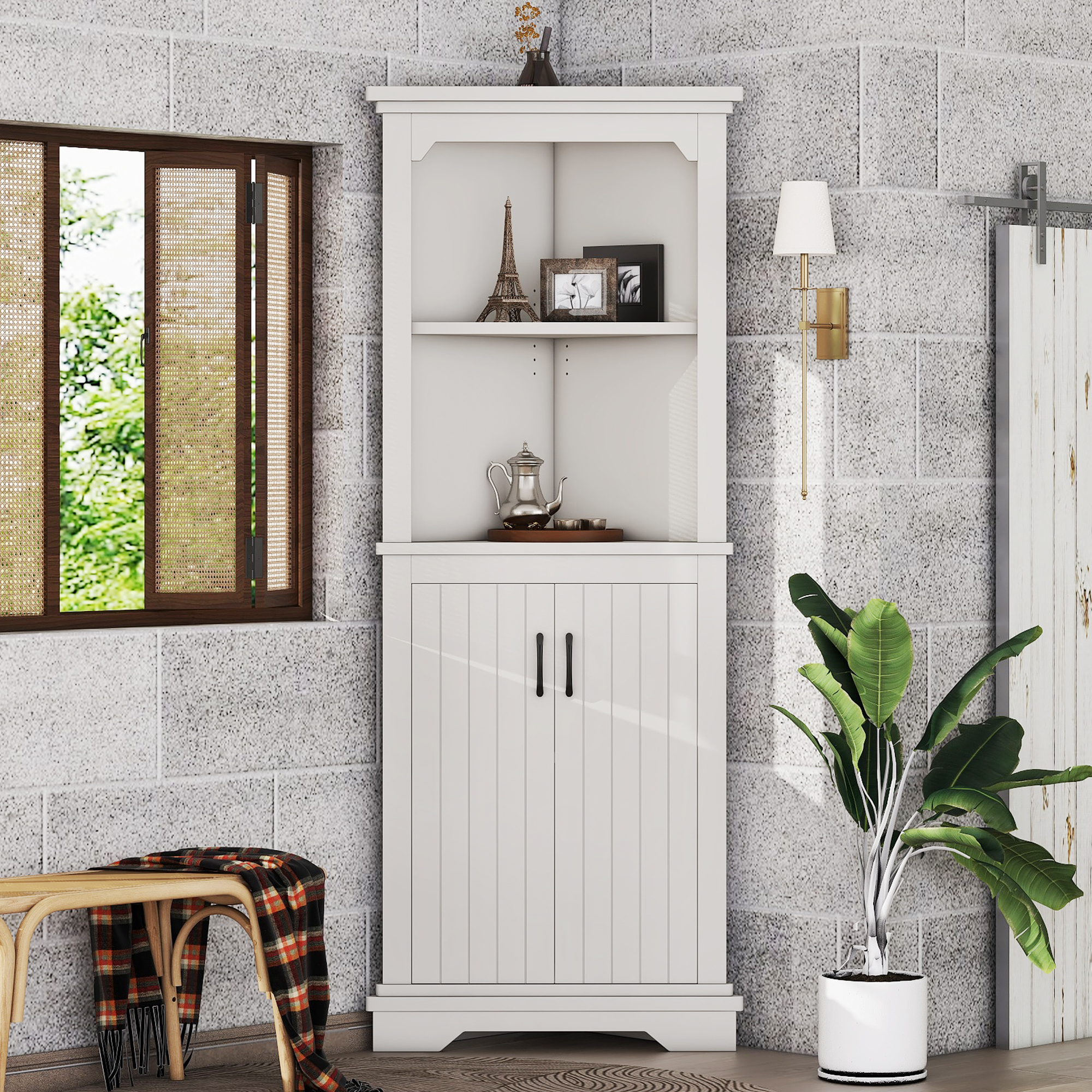 Tall Corner Cabinet With Doors For Living Room, Bathroom,Dining Room Or Kitchen,White