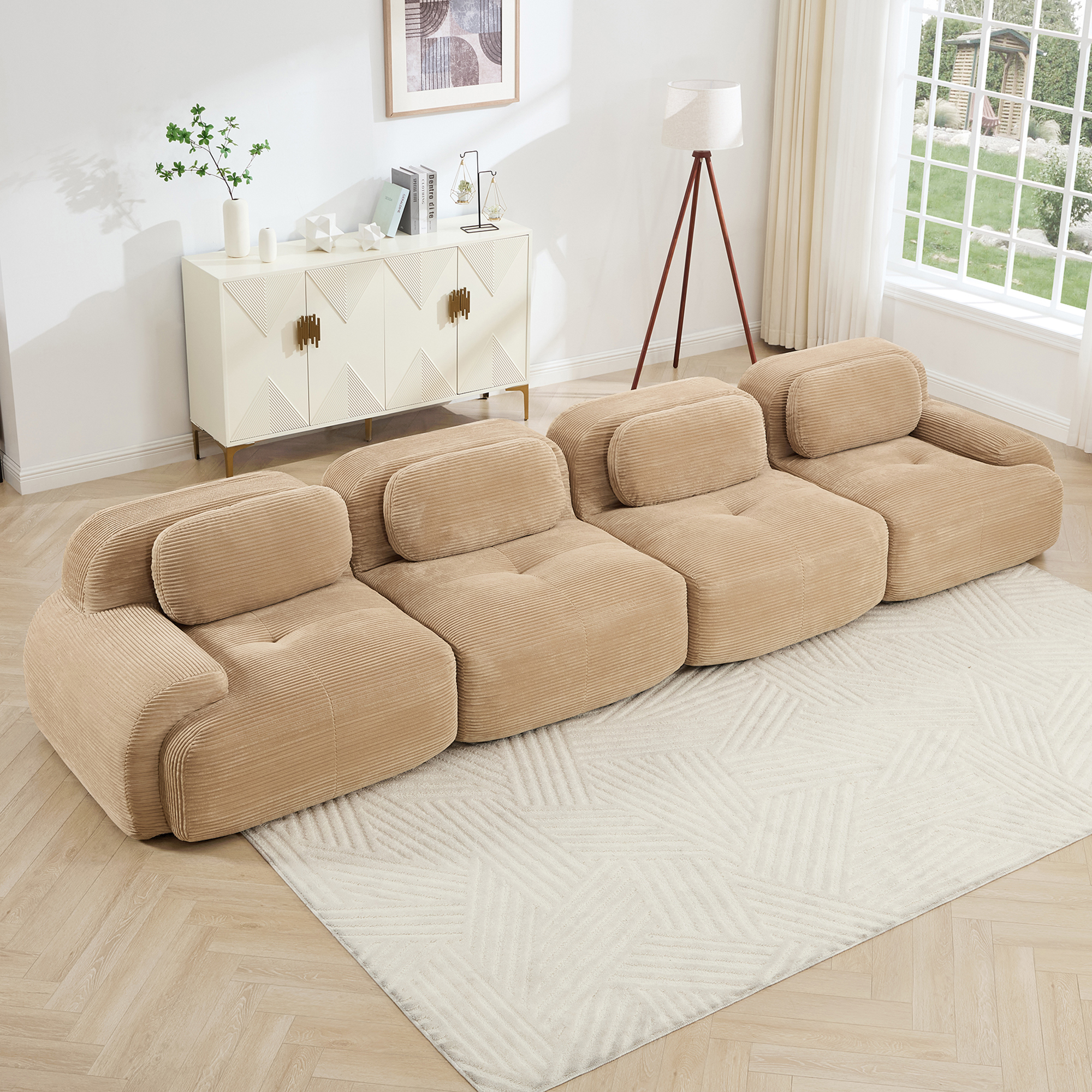 4-seat Sofa Soft Corduroy Fabric 32D High-resilience Sponge Pet-friendly Ergonomic Design Full Compression Vacuum Packaging Free Combination No Assembly For Bedrooms Studies,Camel