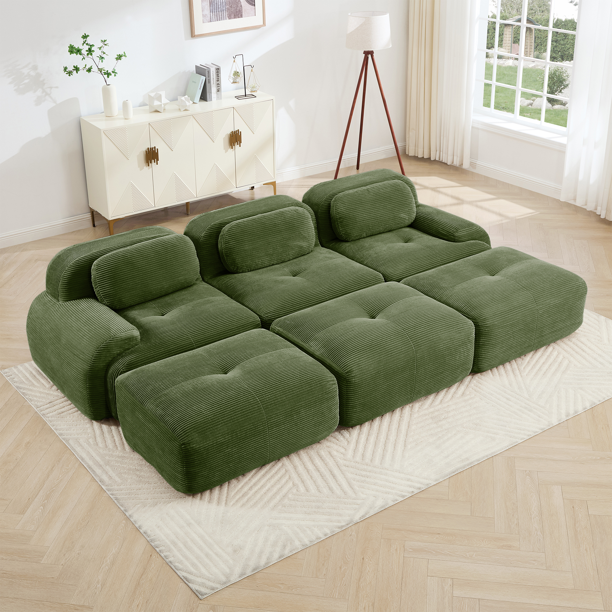 Three-seat Modular Sofa With 3 Ottomans Corduroy Fabric No Assembly Pet-friendly Ultra-wide Curved Armrests 32D High-resilience Sponge Living Rooms Media Rooms,Olive Green