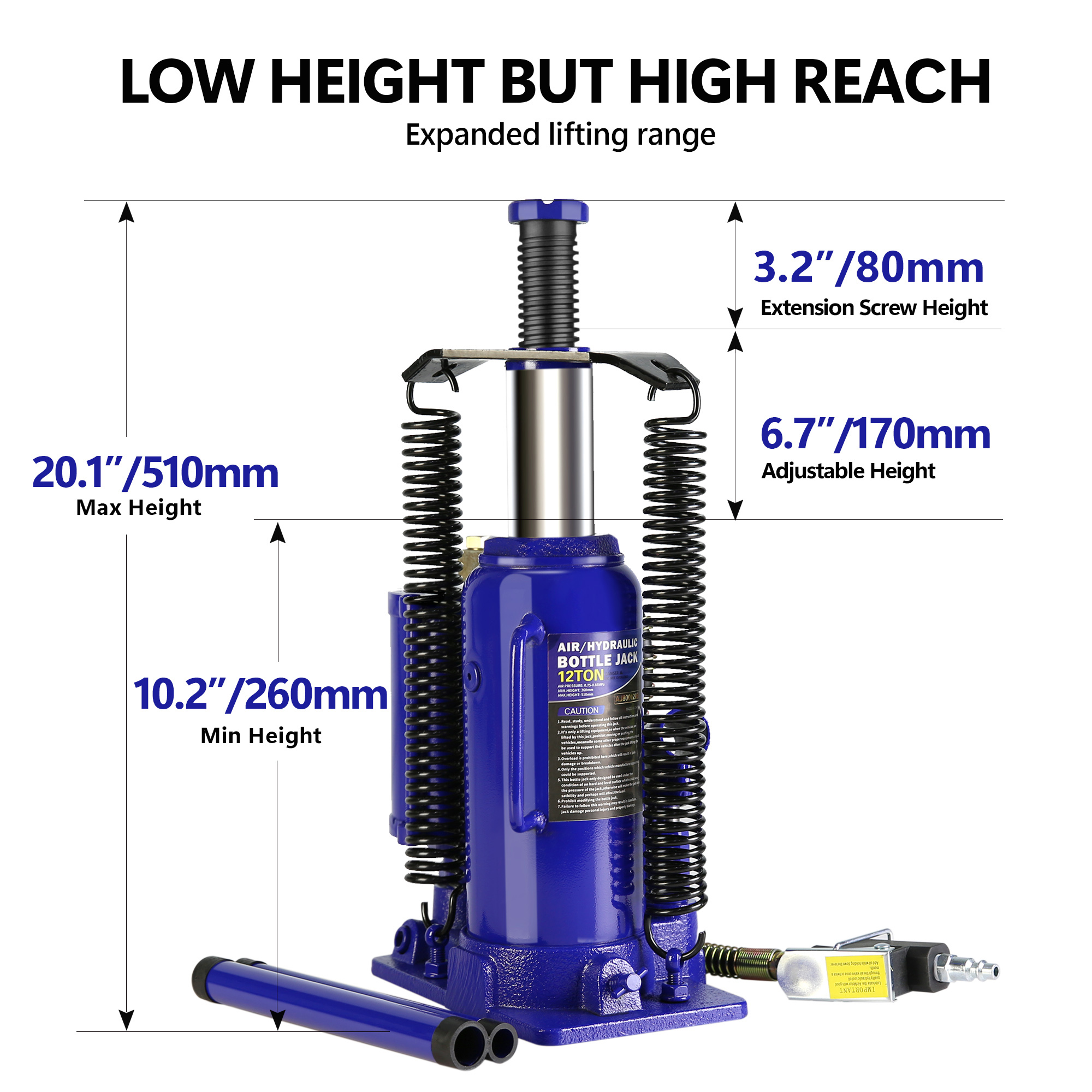 20-ton air over hydraulic bottle jack with manual hand pump for semi trucks and RVs – side profile