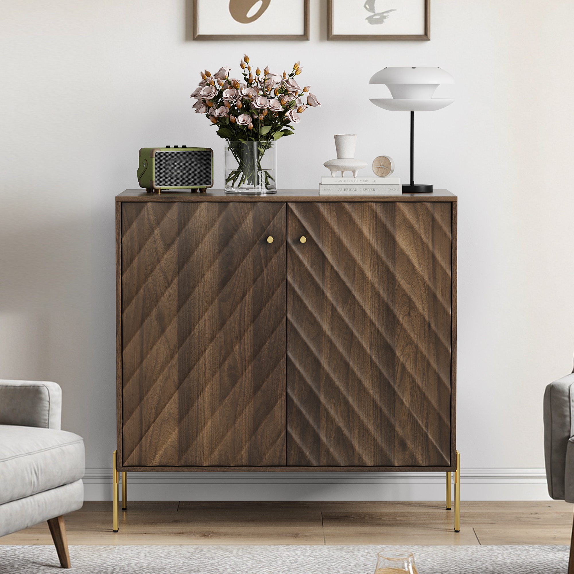 Sideboard Buffet With Storage, Mid-century Modern Style Storage Cabinets, Walnut Sideboard For Living Room, Dining Room, Entryway, Hallway, Kitchen