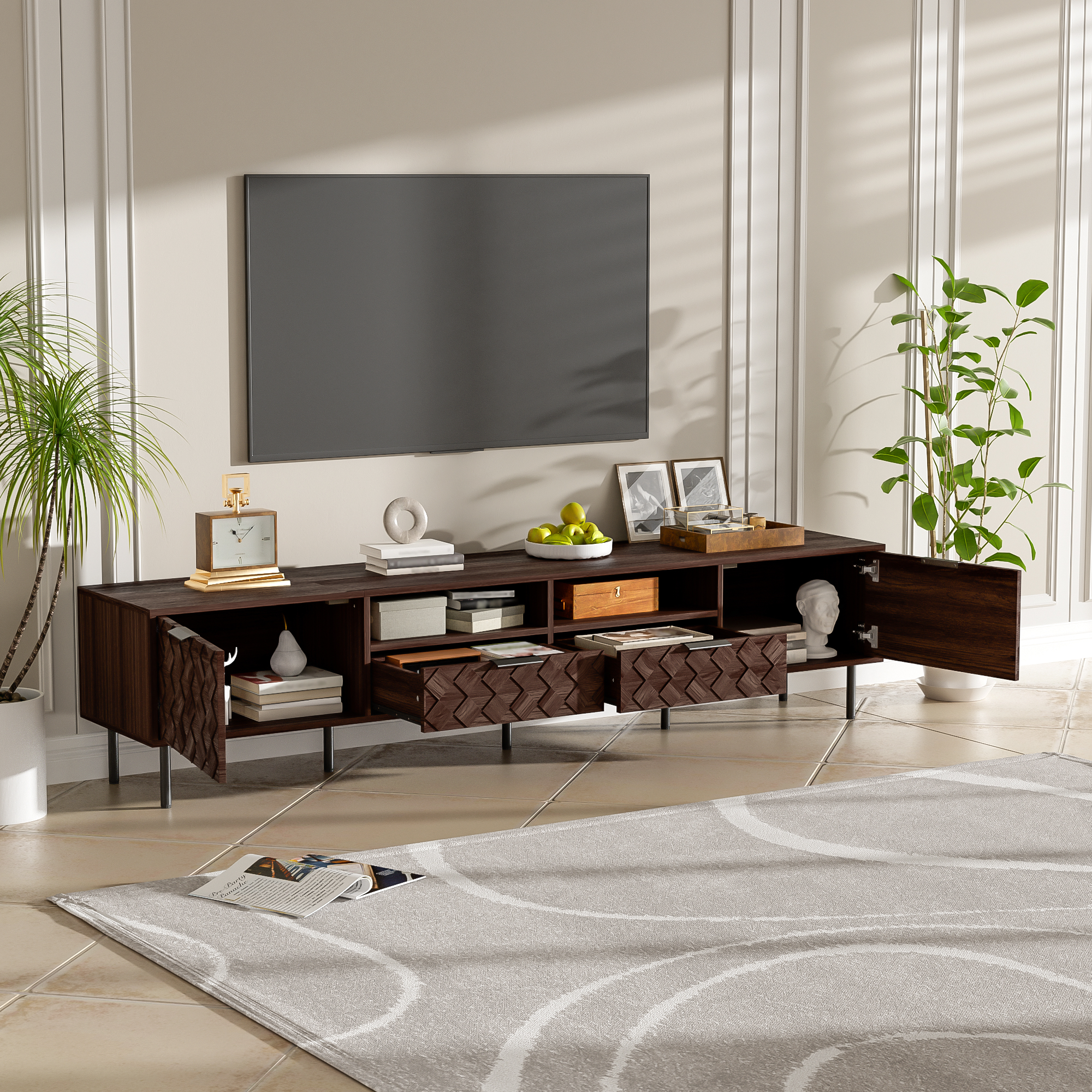 78 Inch Modern TV Stand For TVs Up To 85, Entertainment Center With Closed Storage & Cable Management, Soft-Closing Hinges, Iron Legs For Living Room