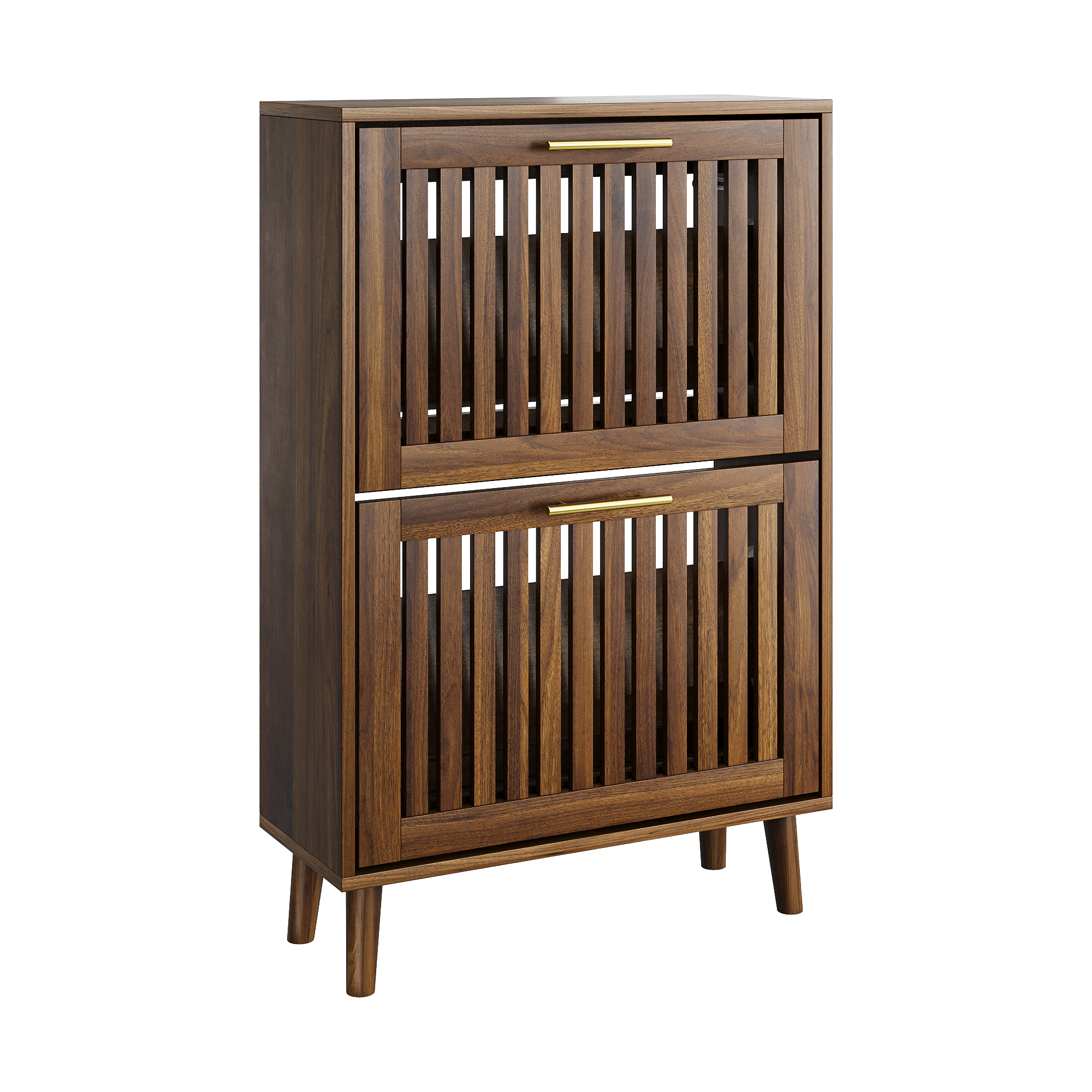 Mid-century Walnut Shoe Cabinet With Two Flip Drawers For Hallway_voghion.com