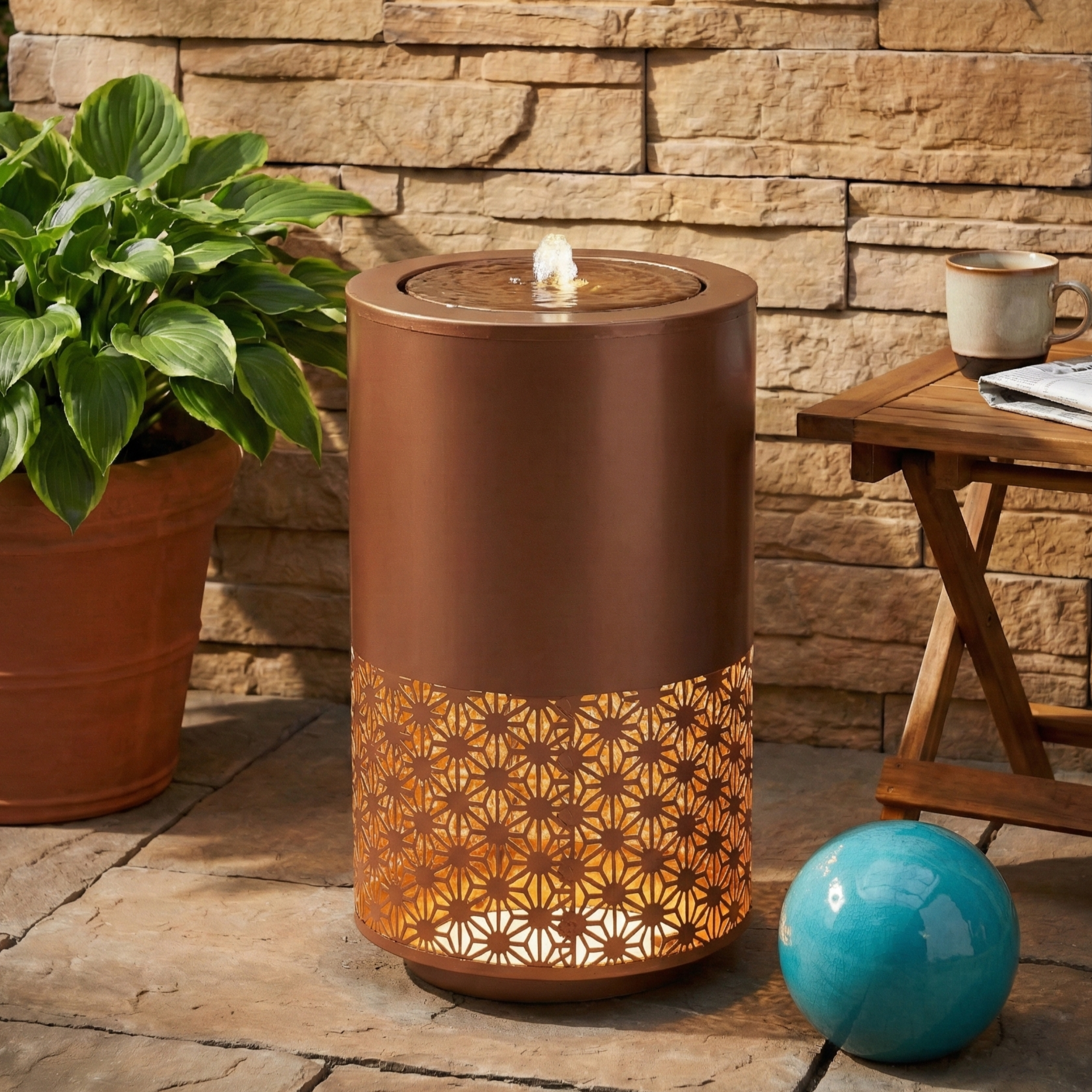 20.87 H Brown Metal Cutout Outdoor Water Fountain With LED Lights, Modern Freestanding Candle Style Water Feature For Patio  Decor