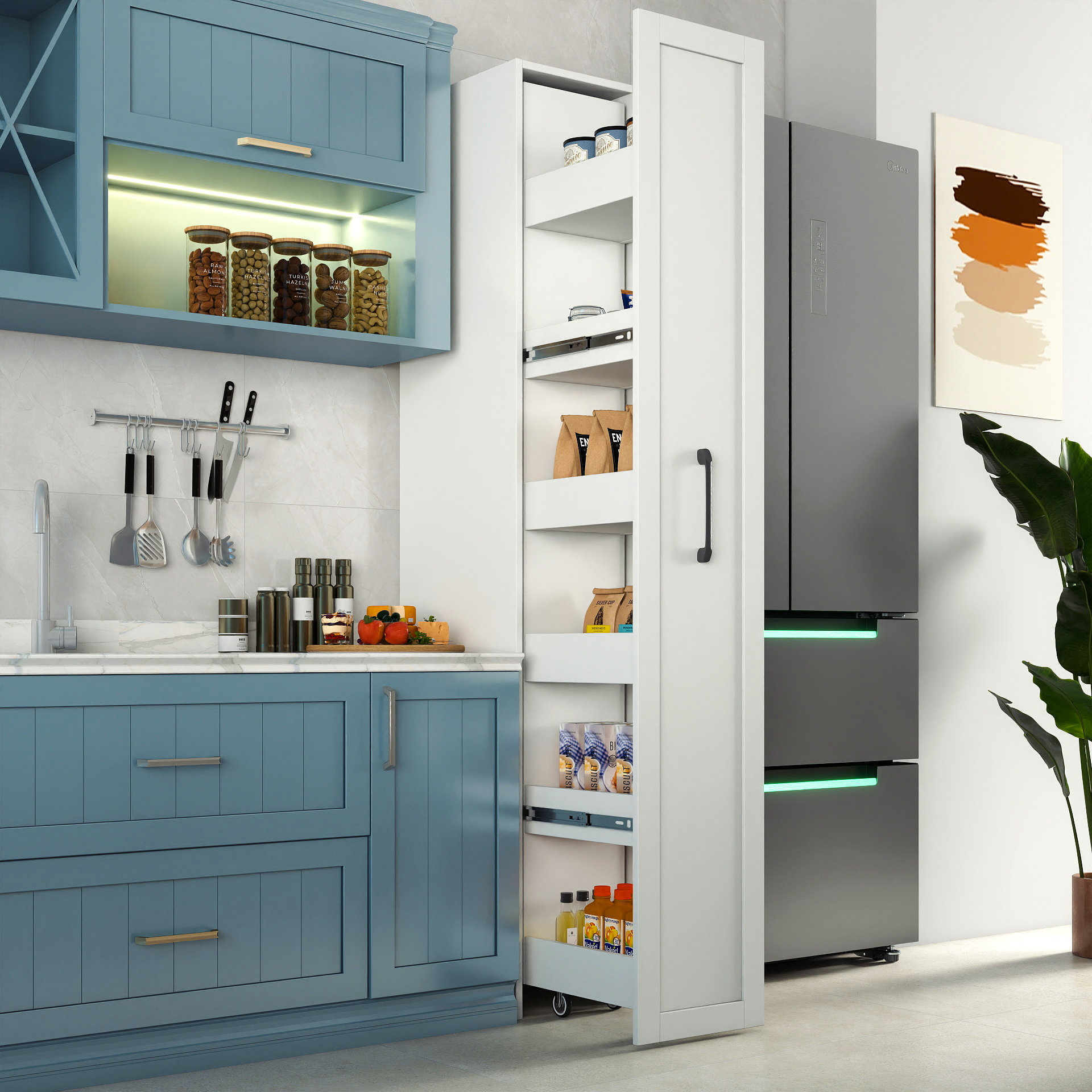 White,Large, Slim Storage Cart, Kitchen Rolling Cart, Narrow Storage Cabinet With Handle & Wheels, Wood Spice Rack Next To Fridge, Pantry Shelf For Kitchen, Small Spaces - Image 1