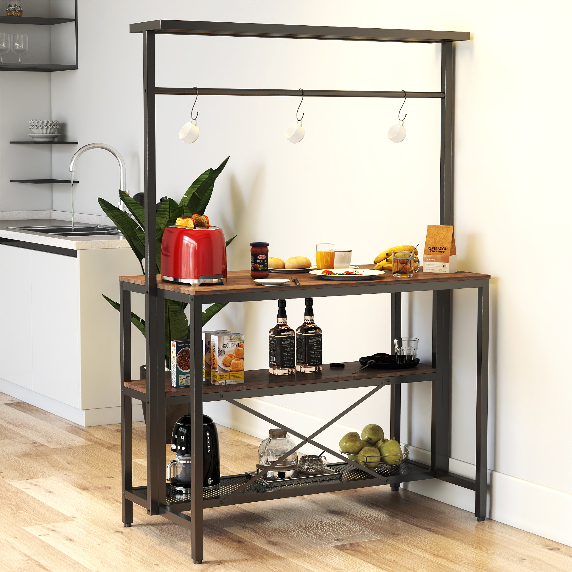 Kitchen Island, Bakers Rack, Island Table For Kitchen,3 Tier Microwave Stand Oven Shelf With Storage, Storage Shelf For Kitchen Dining Room Living Room,3 Hooks