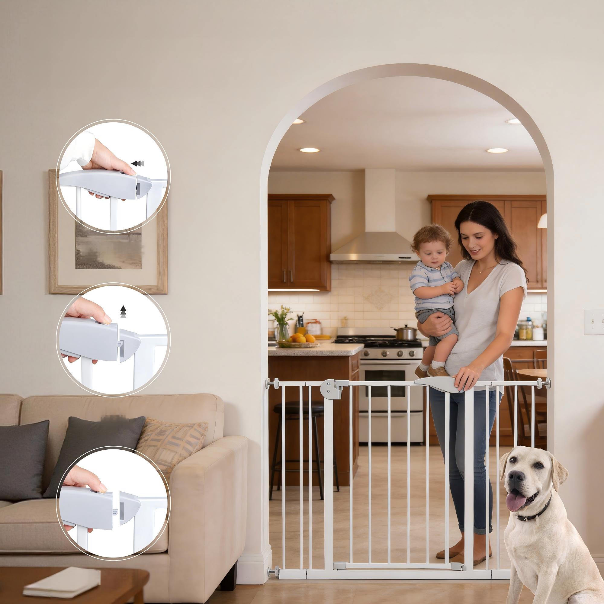 Double Door Baby Safe Gate For Stairs & Doorways,adjustable 75-115 Cm 29.53'-45.3,walk Through Safety Gate With Extension Kits,auto Close,pressure Mounted,white Metal Child & Pet Gate