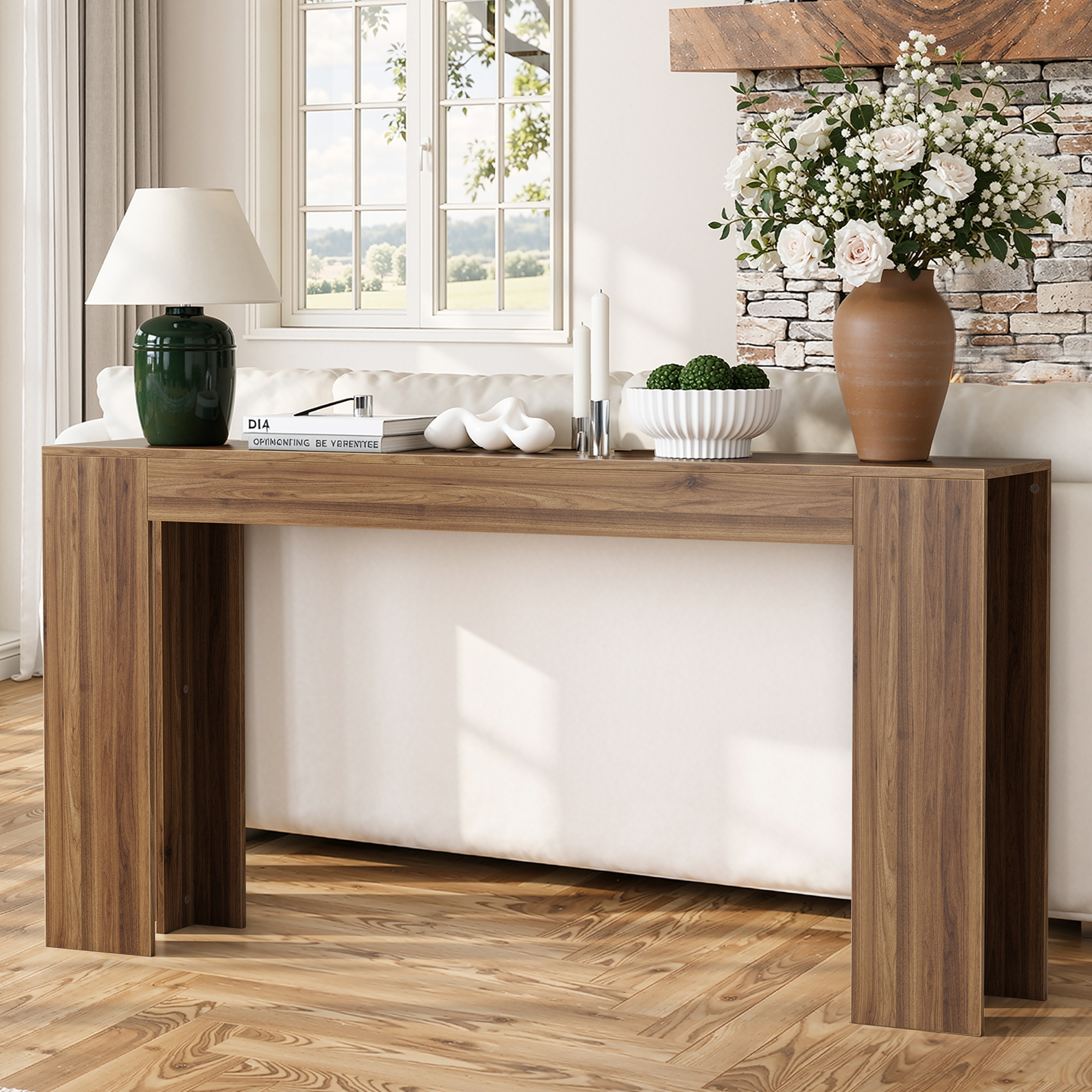 62.99-inch Extra-long Entryway Table, Farmhouse Sofa Table Behind The Sofa, Decorative Table For Narrow Entrances In The Living Room, Hallway, Entrance, Or Foyer, Walnut-colored Console Table