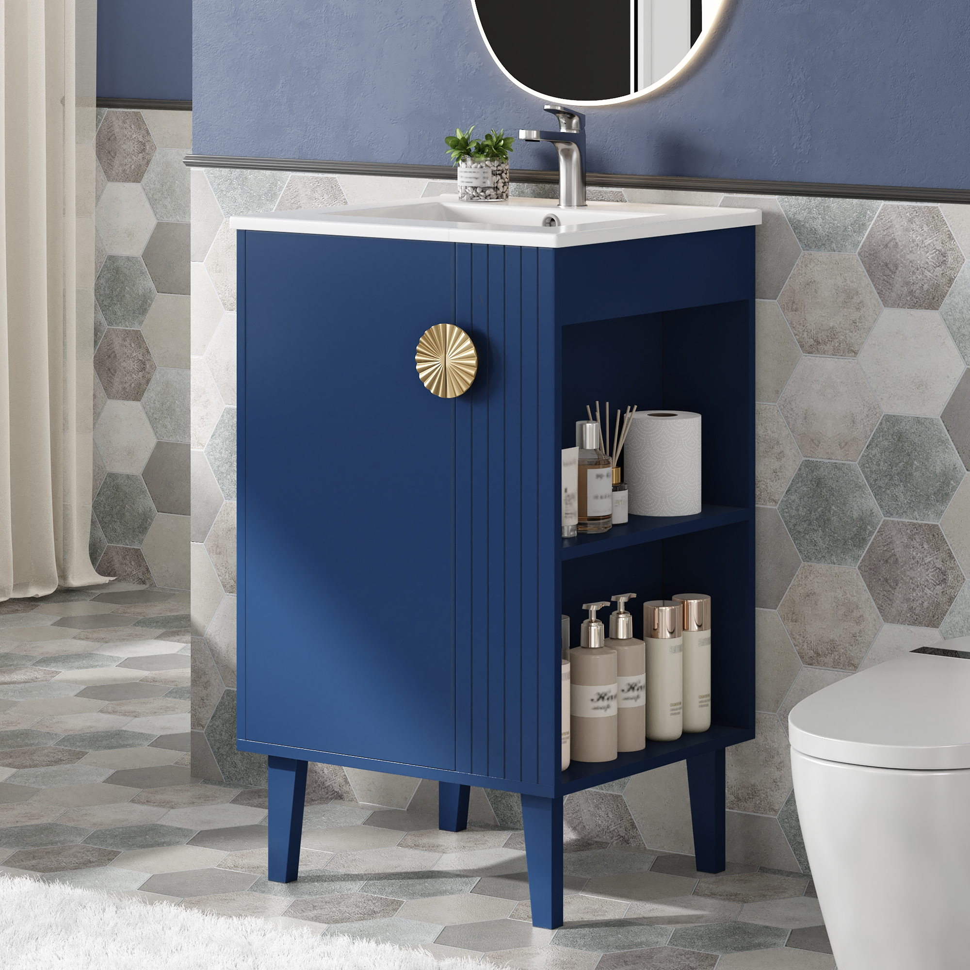 20-inch Bathroom Vanity With Ceramic Sink, Freestanding Single Vanity Set With Soft Closing Door, Chic Half-Moon Pulls, French Style, Blue