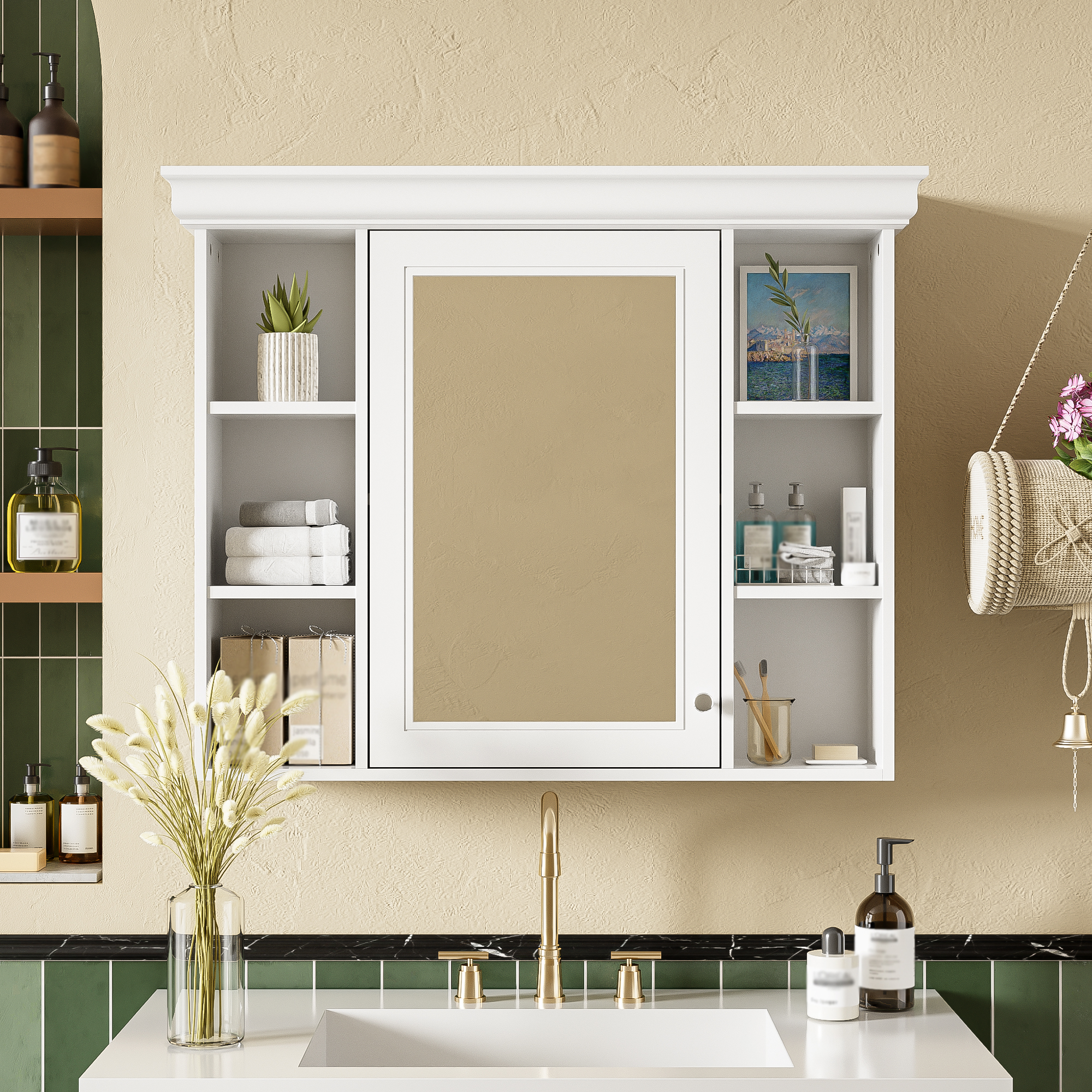 35'' X 28'' White Wall Mounted Bathroom Storage Cabinet With Mirror Door, Modern Bathroom Wall Cabinet With Mirror, Medicine Cabinet With 6 Open Shelves