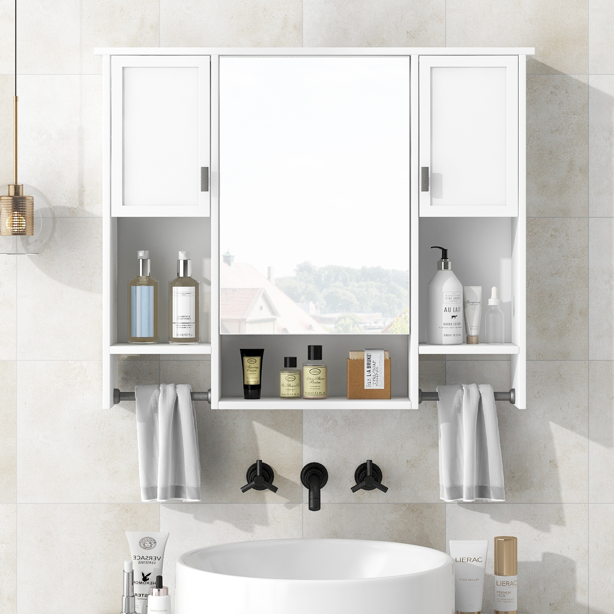 35'' X 28'' Modern Wall Mounted Bathroom Storage Cabinet, Bathroom Wall Cabinet With Mirror, Medicine Cabinet With Towels Bar