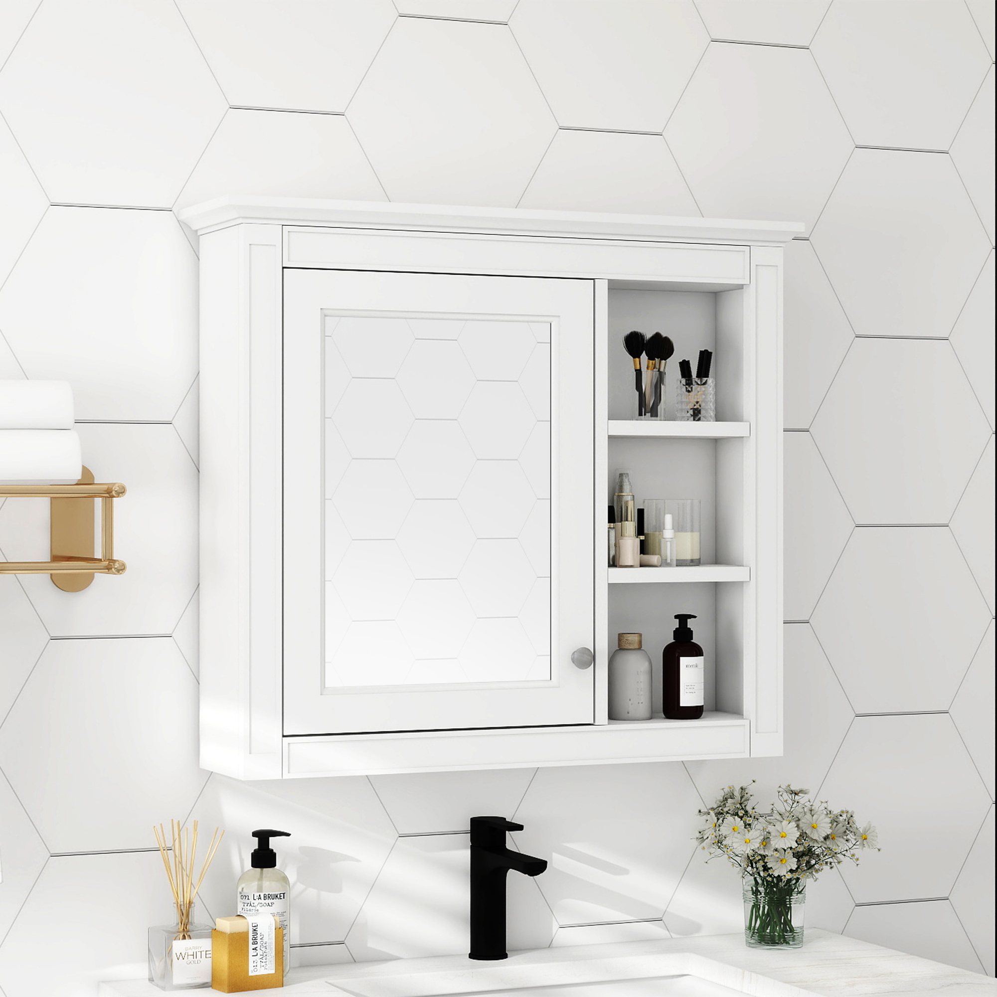 30 X 28 Medicine Cabinet, Wall Mounted Bathroom Storage Cabinet, Modern Bathroom Wall Cabinet With Mirror,Medicine Cabinet, Mirror Cabinet With 3 Open Shelves Not Include Bathroom Vanity_voghion.com