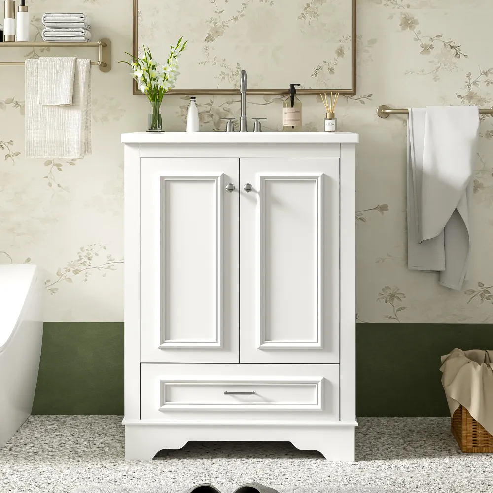 24'' Bathroom Vanity With Ceramic Sink Combo, Modern Freestanding Storage Cabinet  With Silver Handles,  Soft Closing Doors