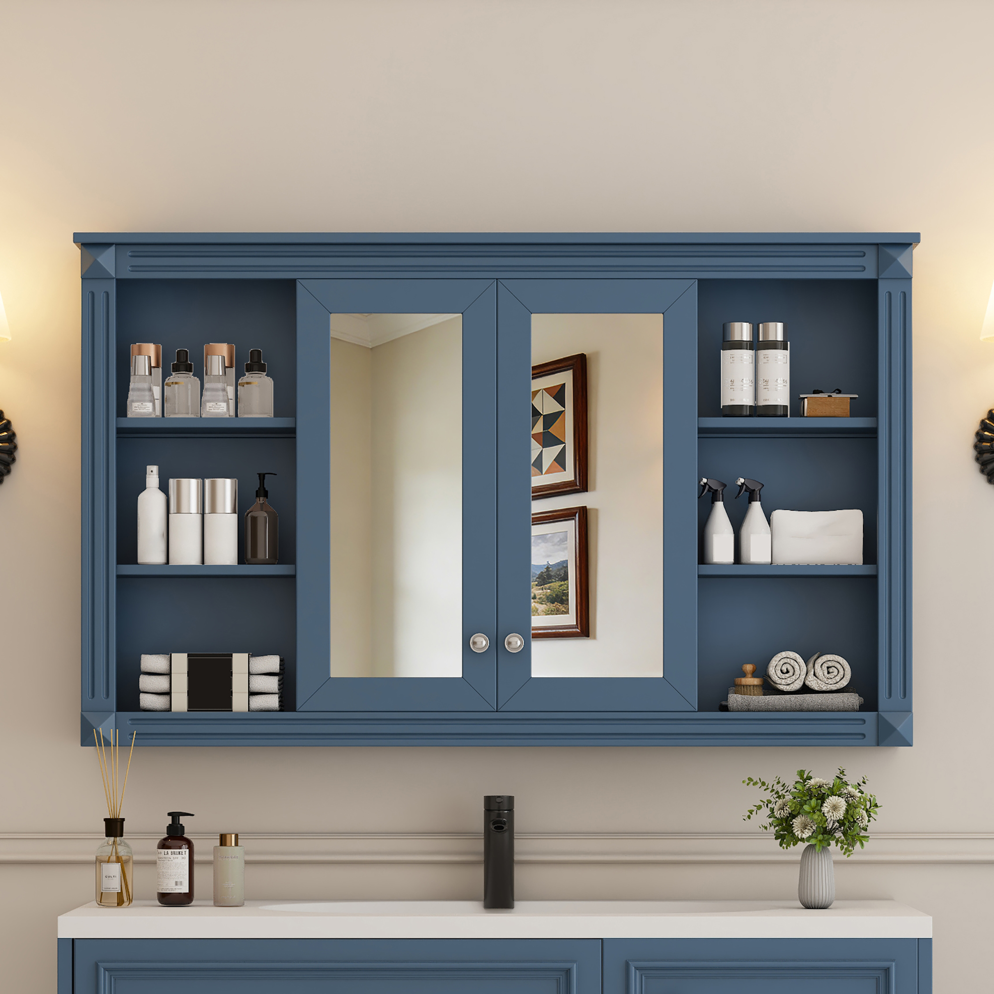 47 Inch Bathroom Mirror Cabinet With Storage, Adjustable Shelf And Open Shelves, Wall Mounted Medicine Cabinet For Bathroom, Bedroom, Vanity