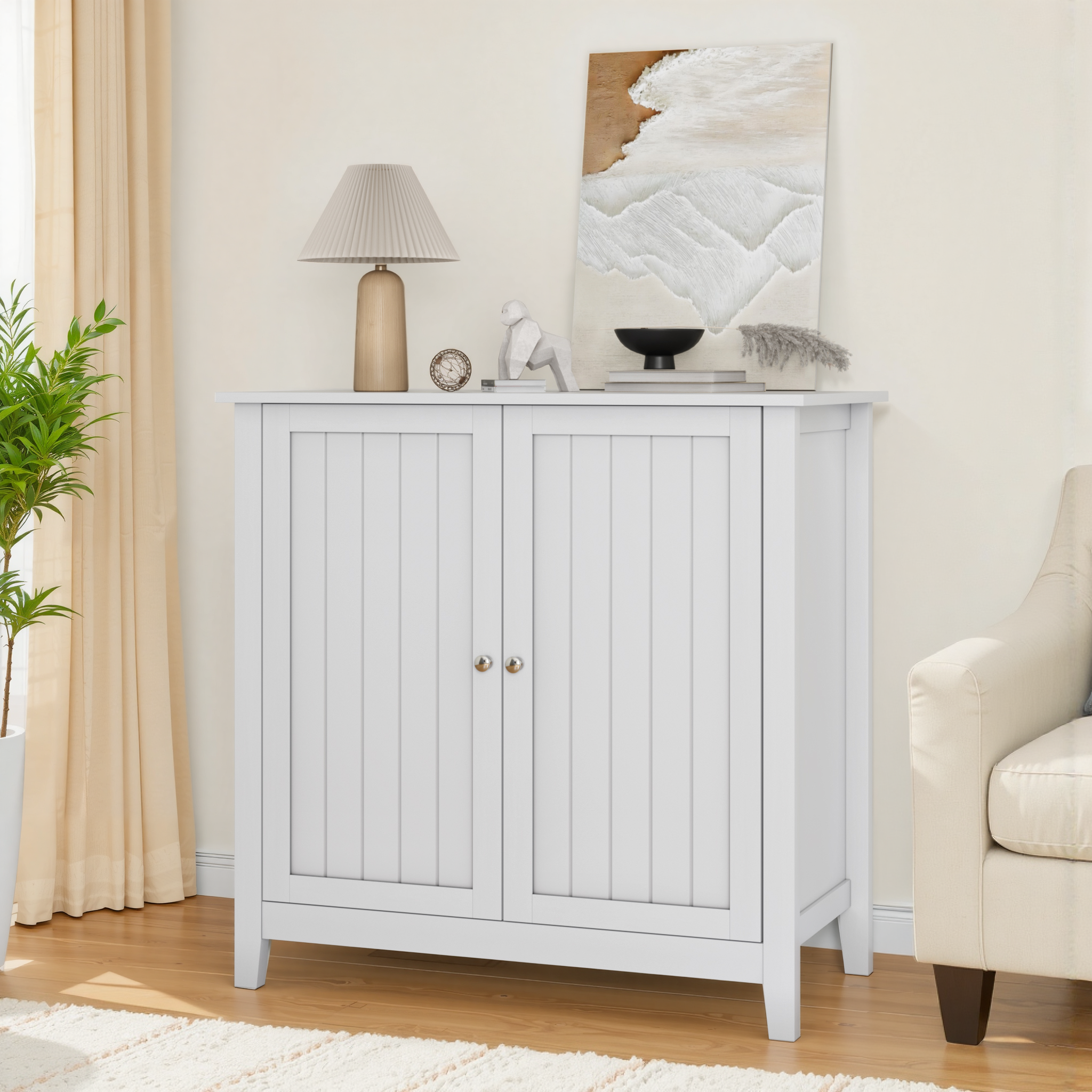 White Double Door Storage Cabinet, Mid-Century Modern Freestanding Buffet Cabinet, Bathroom Storage Cabinet With Silver Knobs For Living Room, Kitchen, Bathroom, Hallway