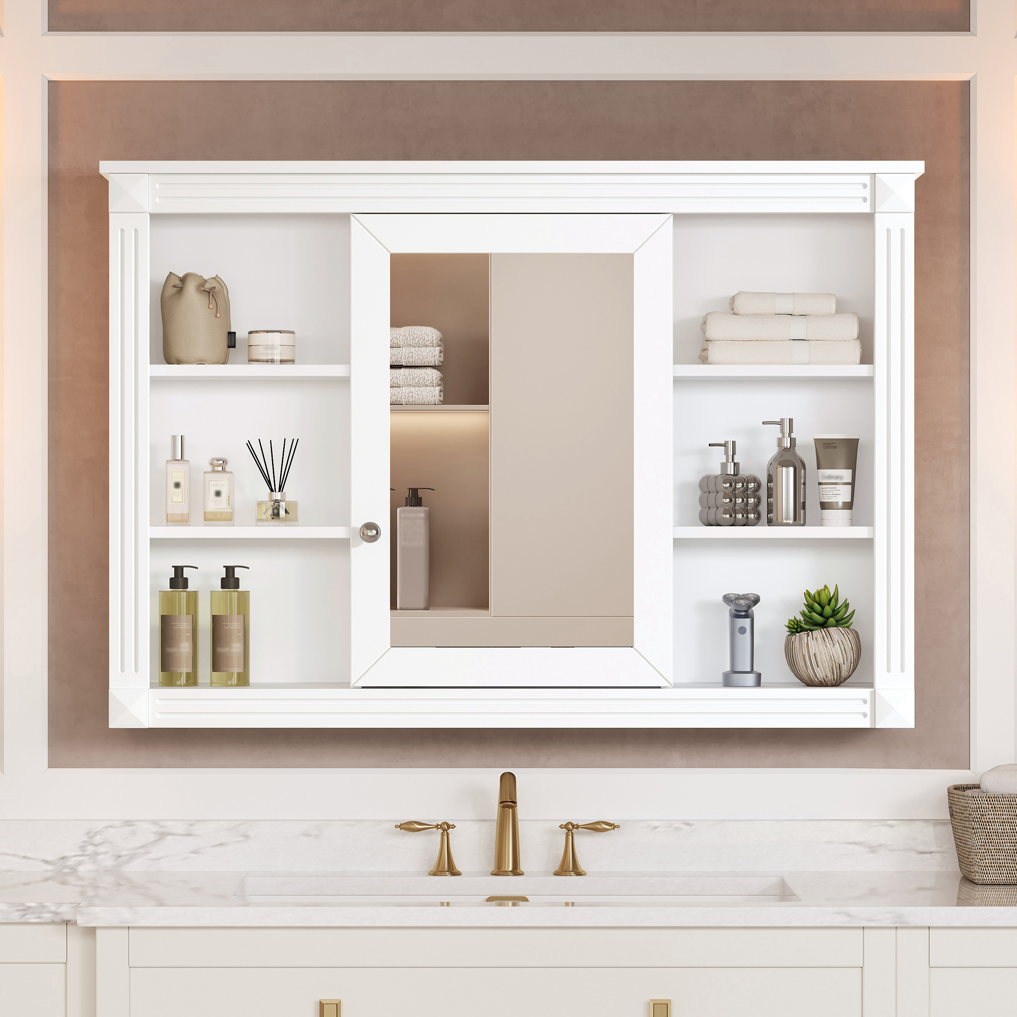 42 Wall Mounted Bathroom Storage Cabinet, Medicine Cabinet, Modern Bathroom Wall Cabinet With Mirror, Mirror Cabinet With 6 Open Shelves Not Include Bathroom Vanity