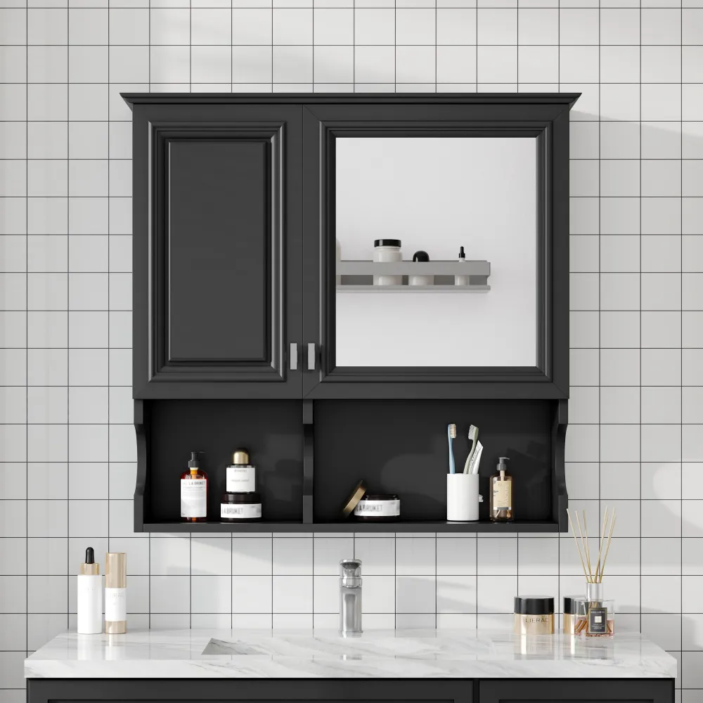 30 Inch Mirror Medicine Cabinet With Open Shelves, Wall Mounted Home Storage With Doors & Mirror, Adjustable Shelf, Bathroom Storage Cabinet Over Toilet