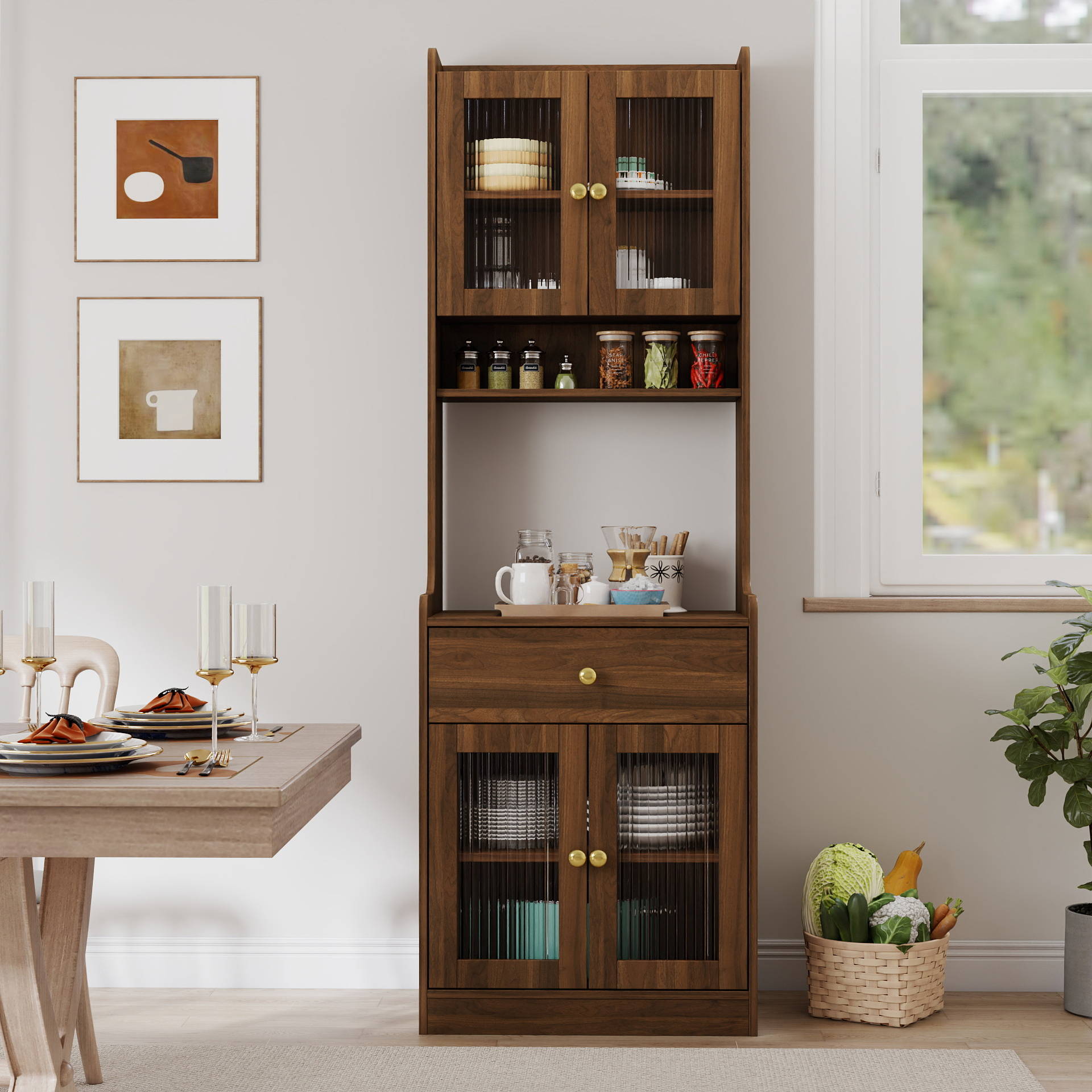 Kitchen Pantry Hutch Storage Cabinet, Farmhouse Kitchen Hutch Buffet Cabinet With Microwave Stand, Freestanding Buffet Sideboard Coffee Bar Cabinet