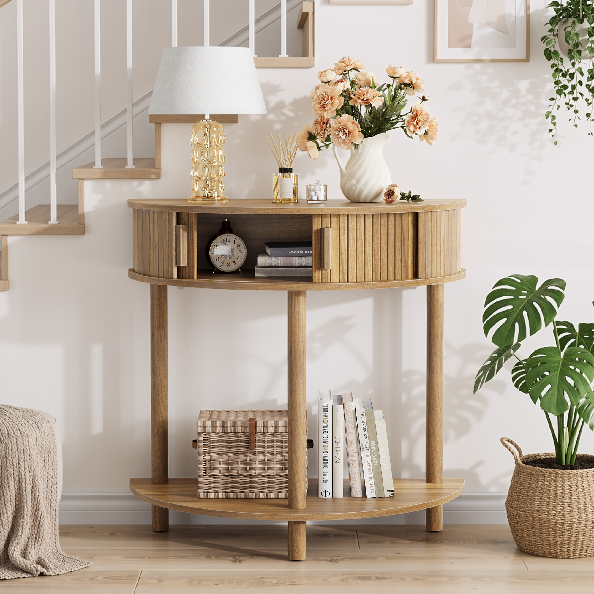 31.5-Inch Grooved Half-Moon Console Table, Farmhouse Sofa Table Behind Couch, Modern Entryway Table, Decorative Table For Living Room, Hallway, Entryway Or Foyer Narrow Entry, Walnut