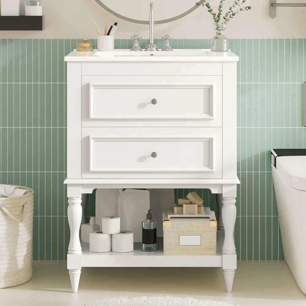 24'' Bathroom Vanity With Ceramic Sink, Bathroom Storage Cabinet With Open Shelf , Retro Design Bathroom Cabinet With 2 Drawers