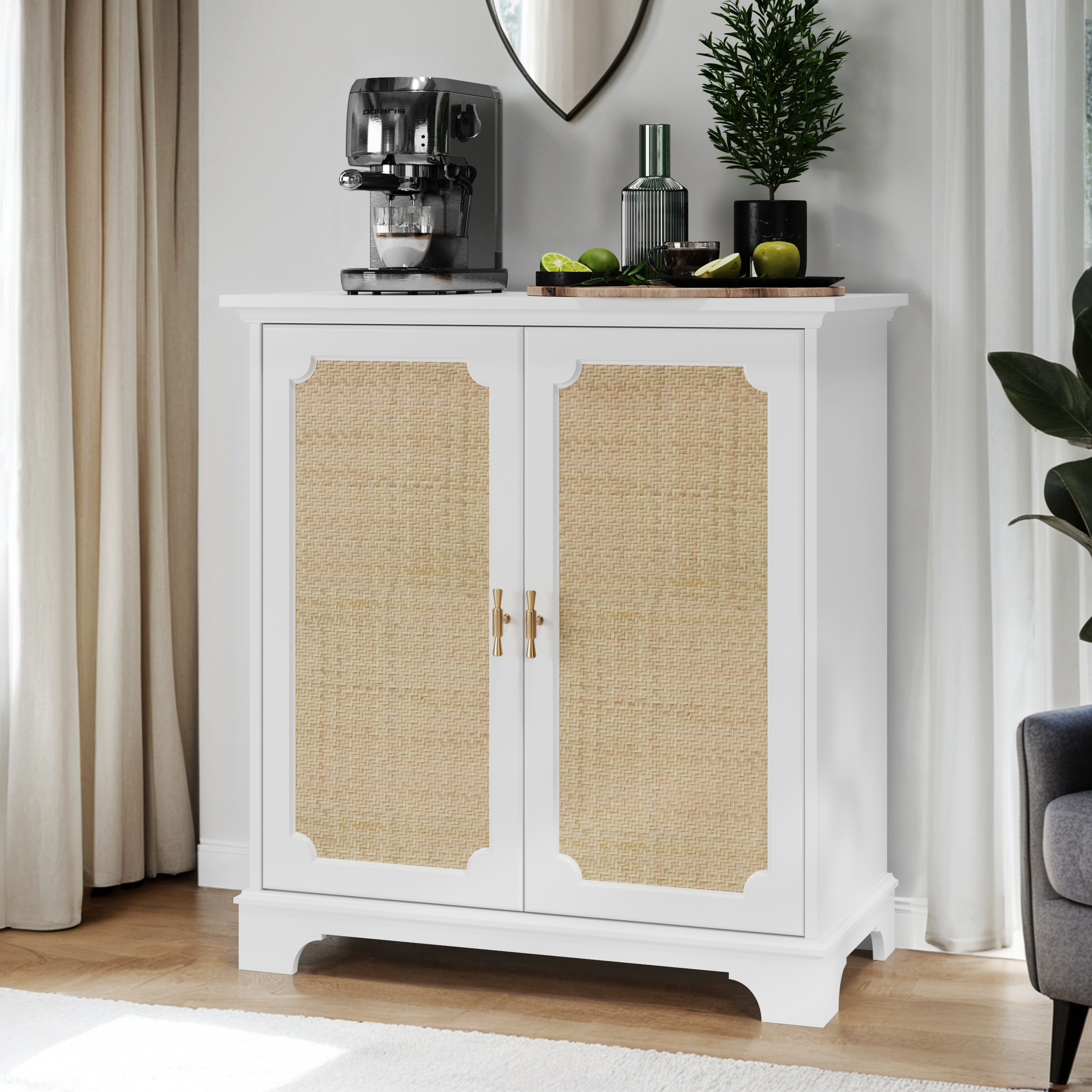 Sideboard Buffet Storage Liquor Cabinet With Rattan Decorated Doors, Kitchen Buffet Storage Cabinet, Cupboard Console Table, Decorative Cabinet, Suitable For Corridors, Entrances, Living Rooms