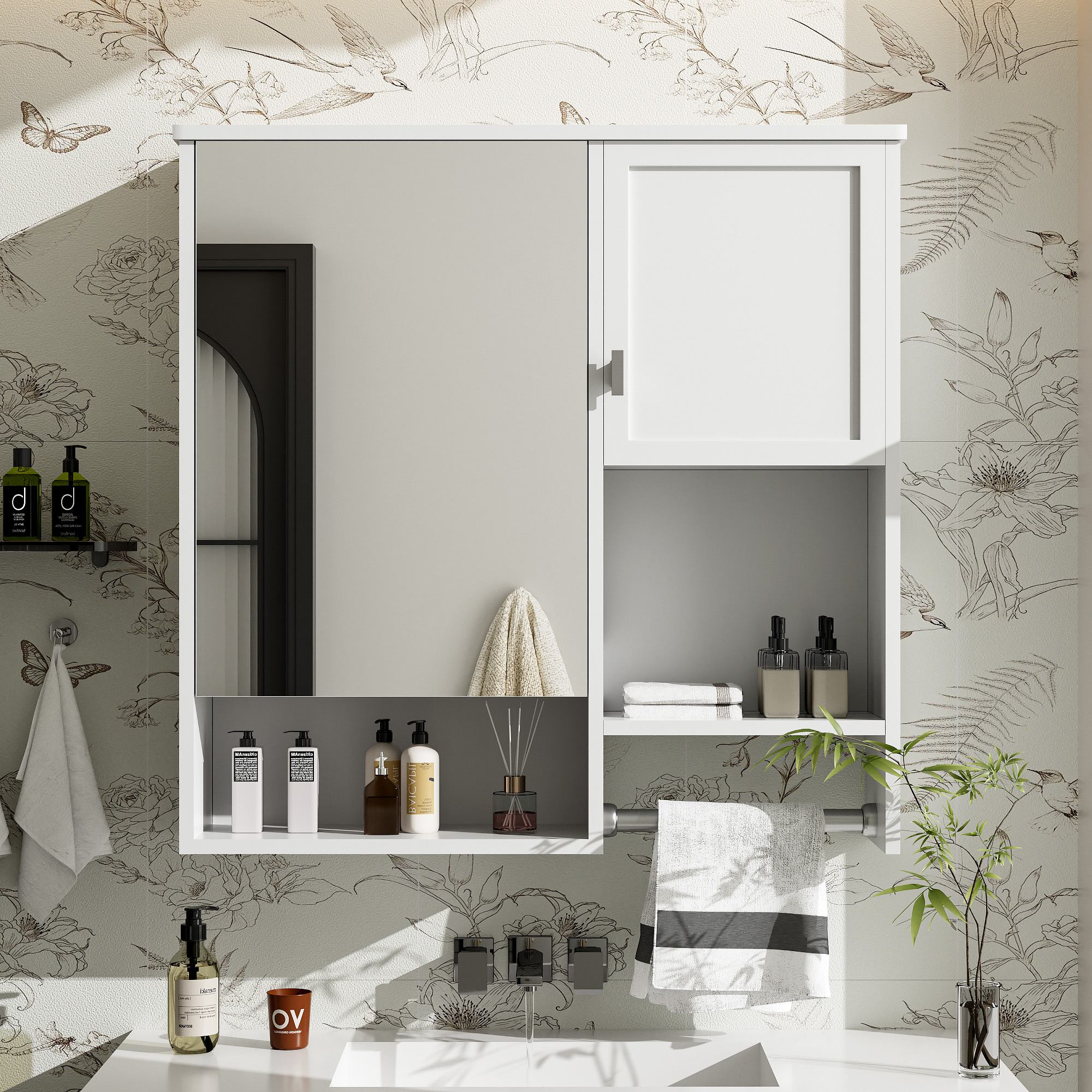 29'' X 28'' Modern Wall Mounted Bathroom Medicine Cabinet, Bathroom Wall Storage Cabinet With Mirror, Over The Toilet Space Saver Cabinet With Towels Bar