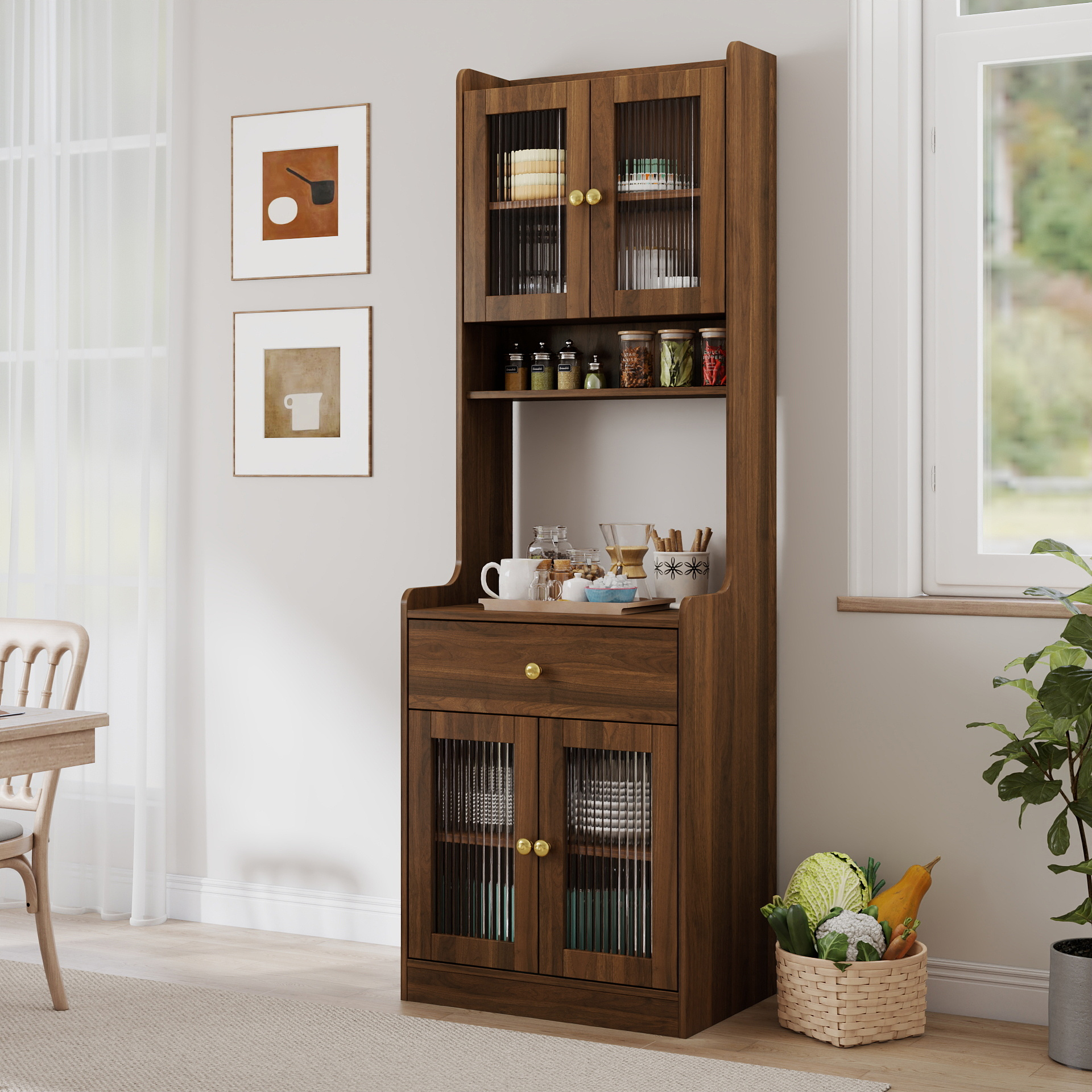 Kitchen Pantry Hutch Storage Cabinet, Farmhouse Kitchen Hutch Buffet Cabinet With Microwave Stand, Freestanding Buffet Sideboard Coffee Bar Cabinet