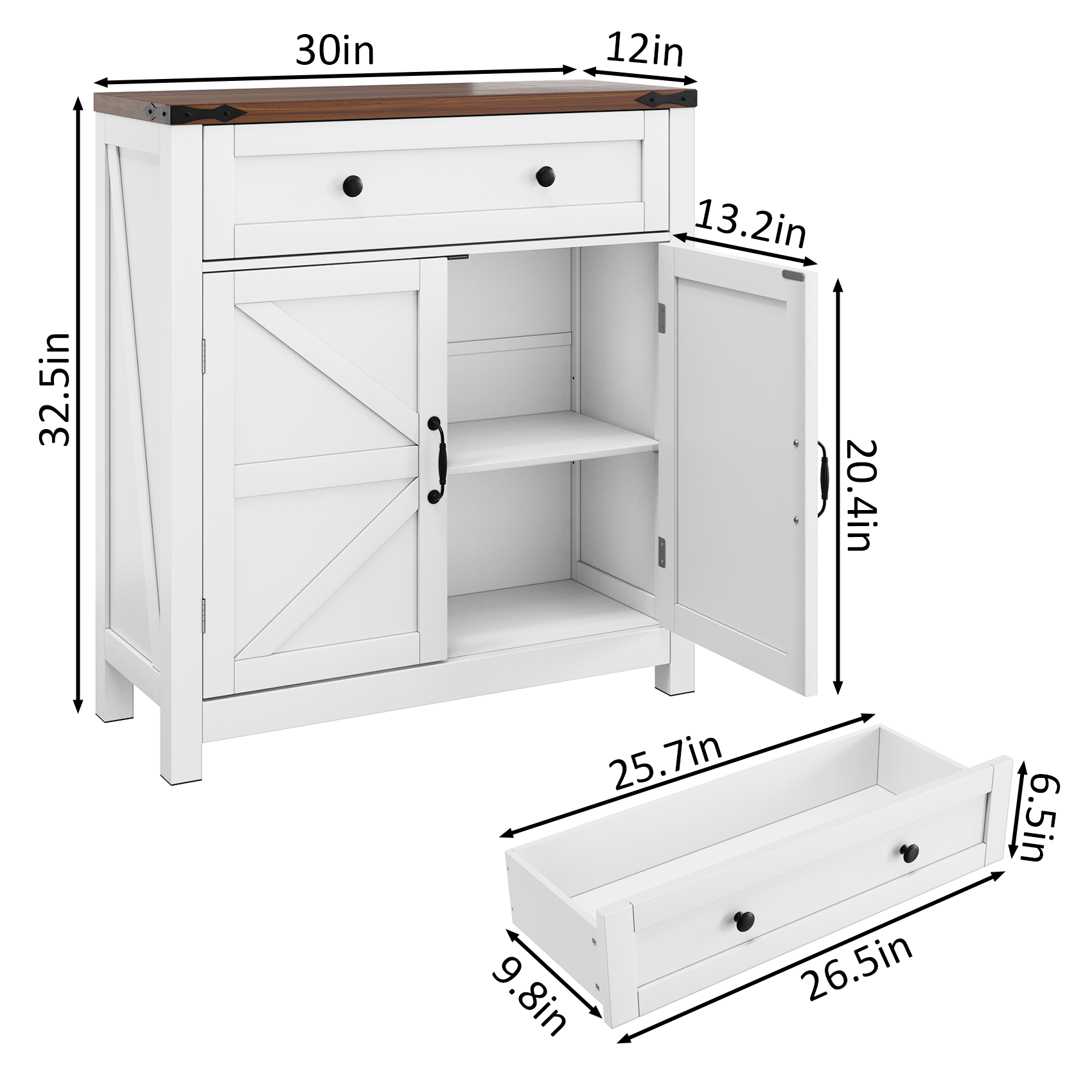 Farmhouse Storage Cabinet With Drawer And Adjustable Shelf, White Kitchen Cabinet With Walnut Countertop, Modern Coffee Bar Console Cabinet For Kitchen, Dining Room, Bathroom, Entryway