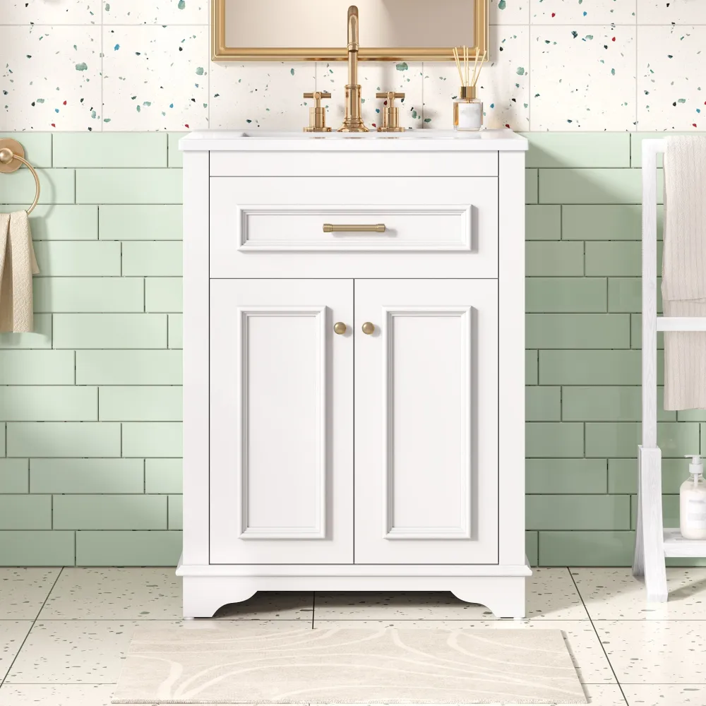 24 Bathroom Vanity With Integrated Ceramic Sink, Bathroom Cabinet With 2 Doors, 1 Tip-Out Drawer, Single Sink Bathroom Vanity For Small And Medium Restroom, White