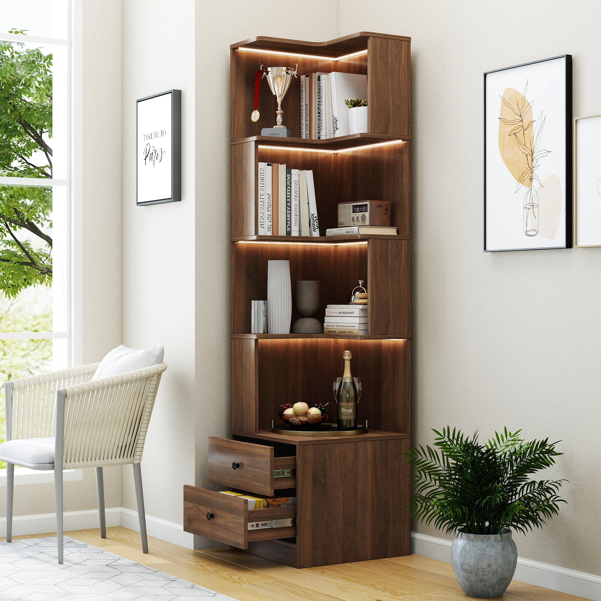 Corner BookShelf With Drawers,4-Tier Corner Bookshelf Bookcase With Baffle, Freestanding L Shaped Display Shelf Stand With Led Lights For Home Office, Living Room, Bedroom, Kitchen