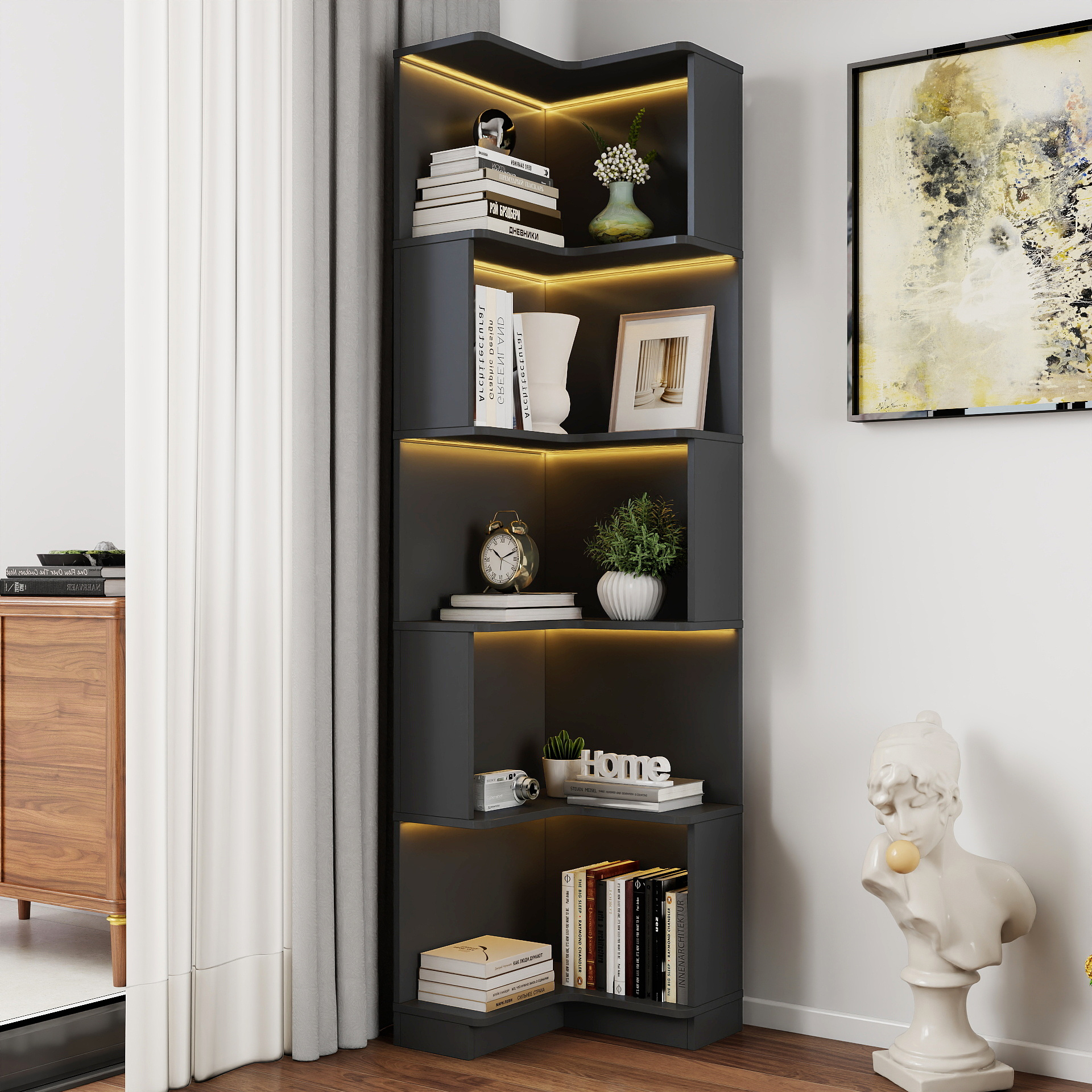 Corner Book Shelf - 5 Tier Corner Bookshelf  Bookcase With Baffle, Freestanding L Shaped Display Shelf Stand With Led Lights For Home Office, Living Room, Bedroom, Kitchen