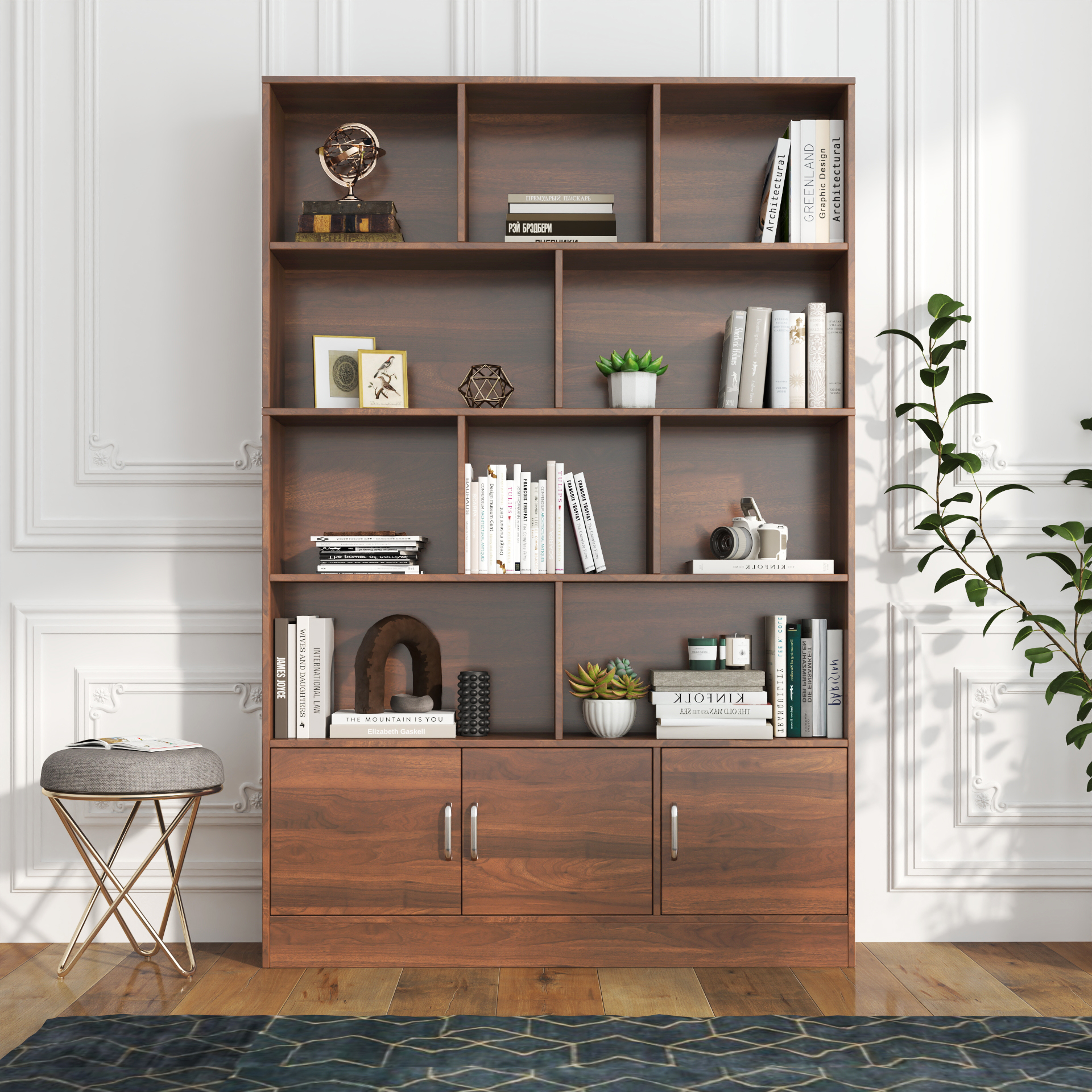 70.87 Tall Bookshelf With 10 Cubes And 3 Doors, 4-Tier Bookshelf, Open Shelf Bookcase With Cabinet, Modern Cube Storage Organizer For Living Room, And Office