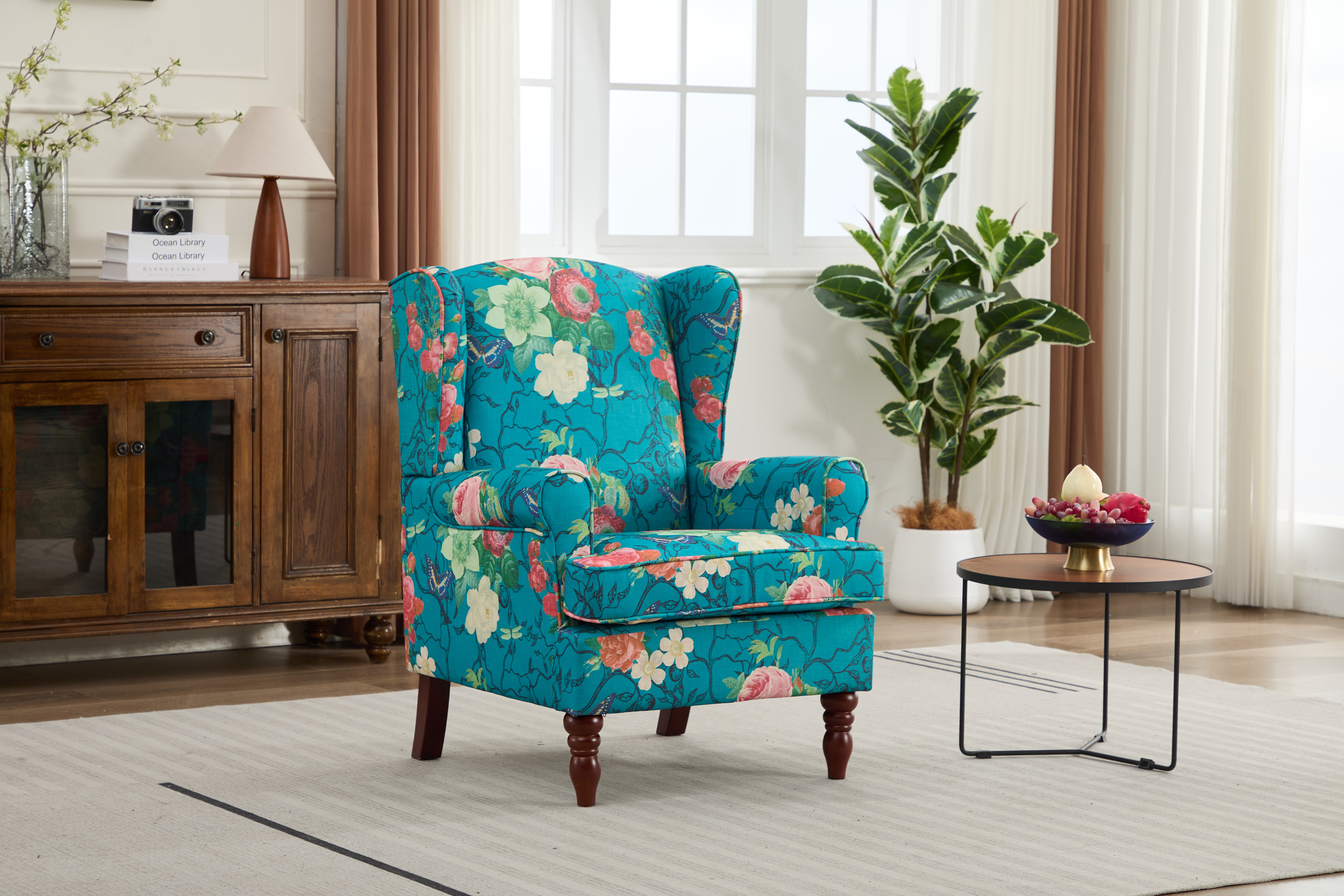 Modern Accent Chair With Retro Wood Legs, Comfy Upholstered Armchair, Floral Design Single Sofa Chair For Living Room Bedroom Office - Floral Cyan