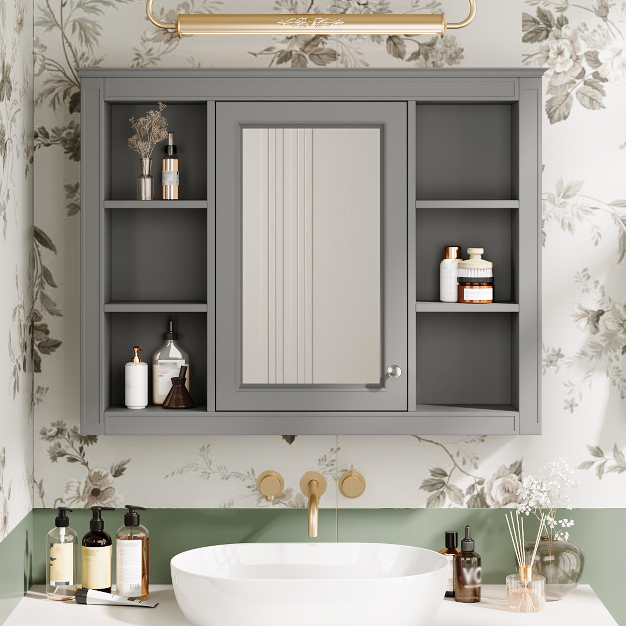 35 X 27.5 Medicine Cabinet, Wall Mounted Bathroom Storage Cabinet, Modern Bathroom Wall Cabinet With Mirror, Mirror Cabinet With 6 Open Shelves Not Include Bathroom Vanity