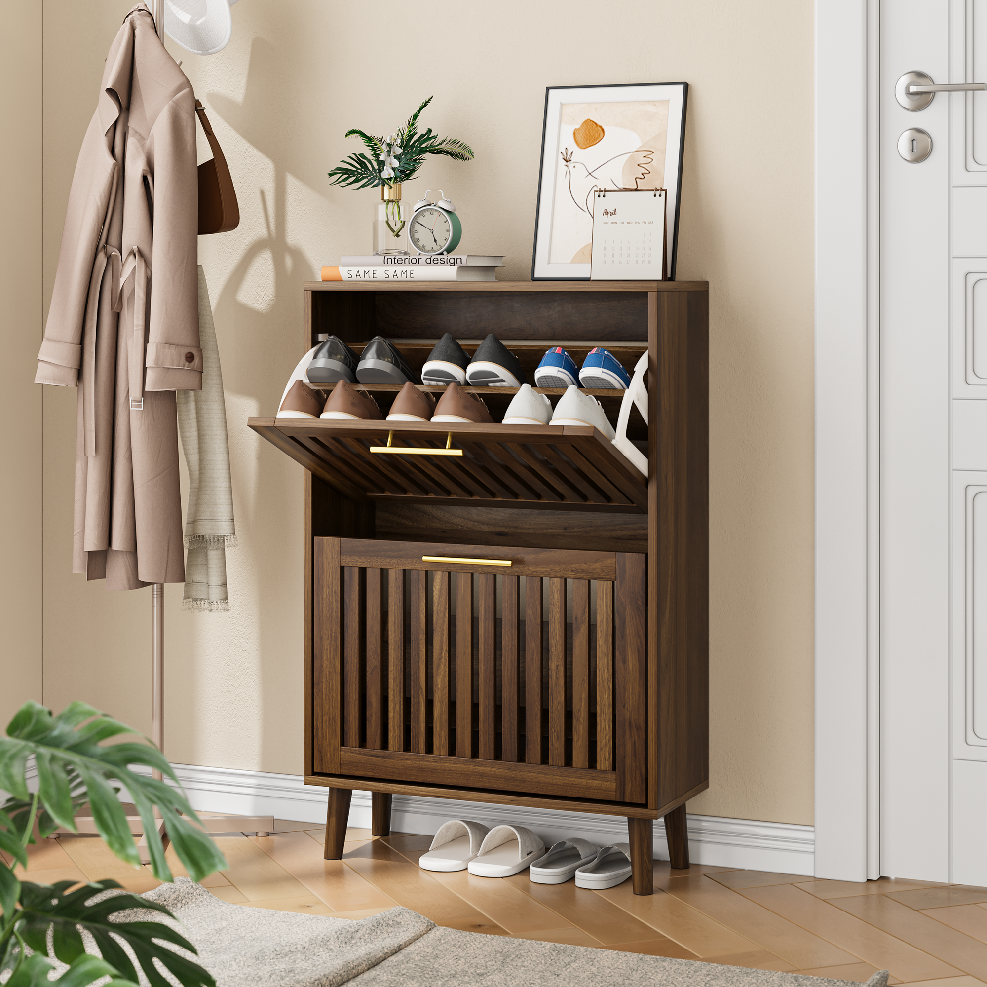 Mid-century Walnut Shoe Cabinet With Two Flip Drawers For Hallway_voghion.com