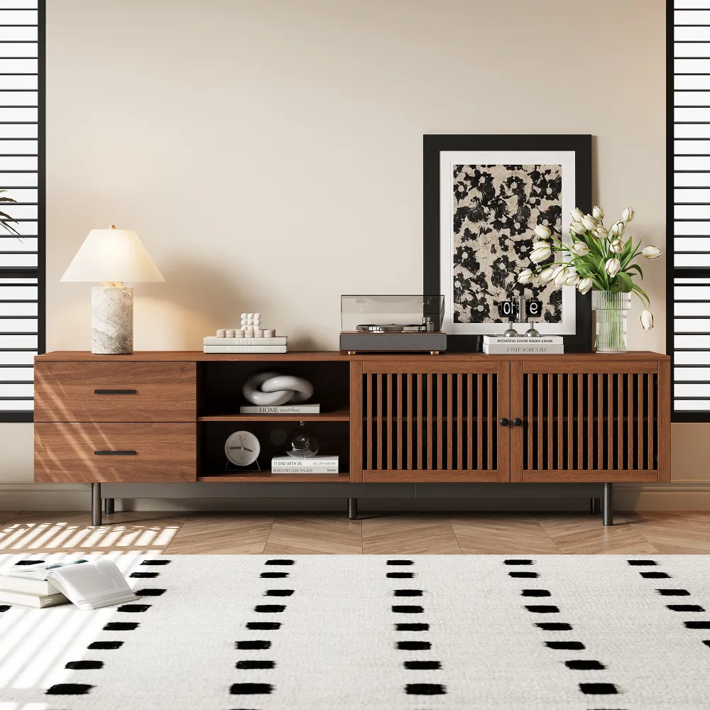 78 Inch Modern TV Stand For TVs Up To 85, Entertainment Center With Deep Drawers & Cable Management, Soft-Closing Hinges, Solid Wood Legs For Living Room