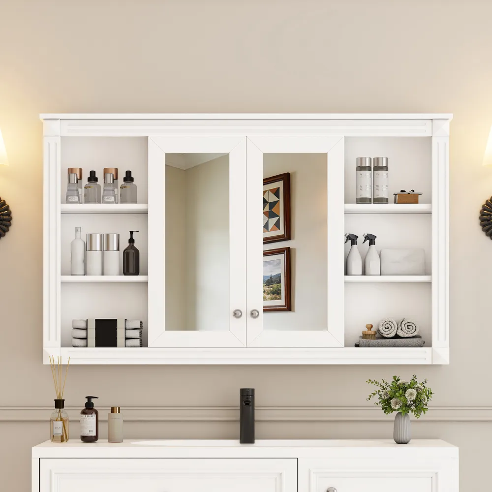 47 Inch Bathroom Mirror Cabinet With Storage, Adjustable Shelf And Open Shelves, Wall Mounted Medicine Cabinet For Bathroom, Bedroom, Vanity